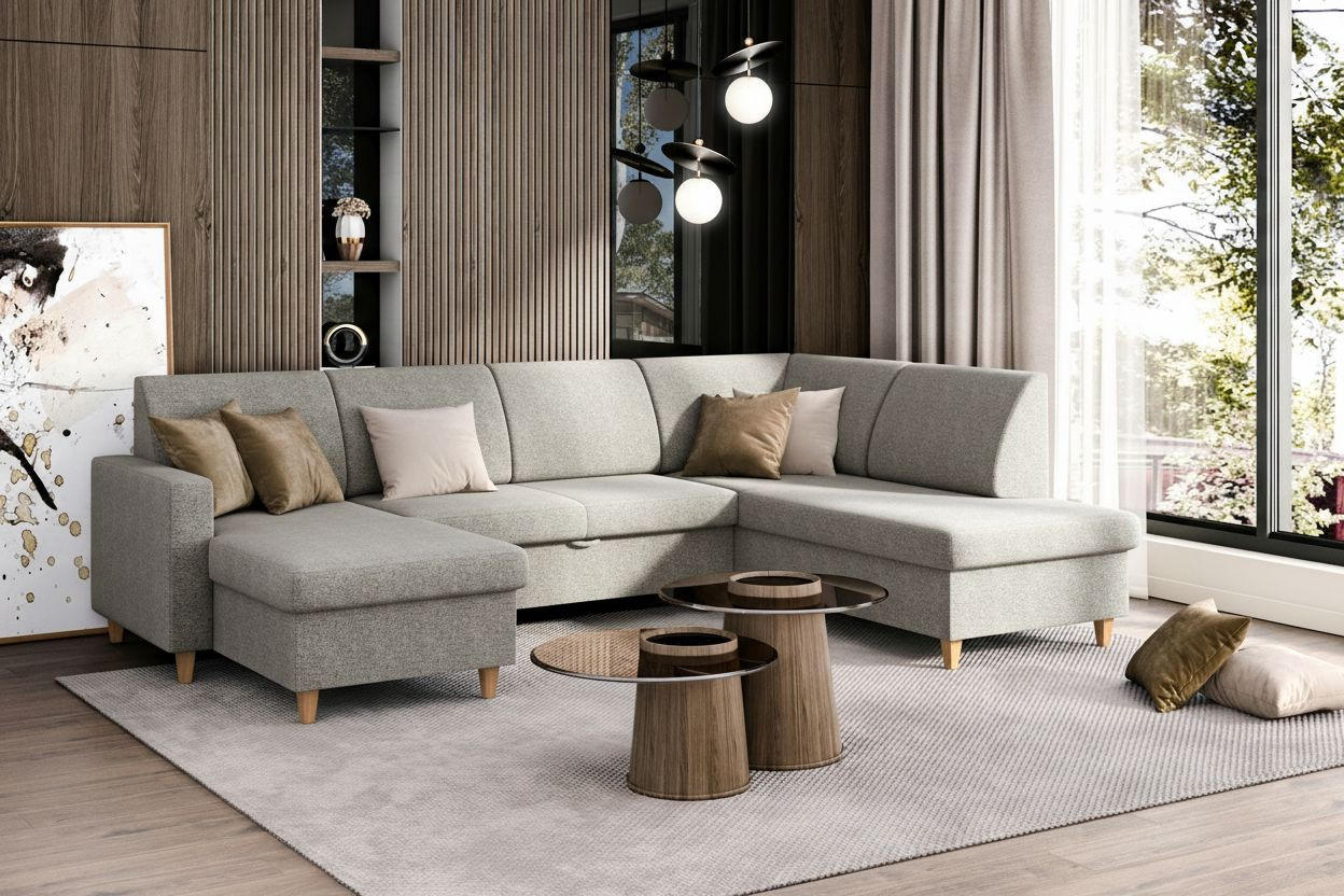 WOHNLANDSCHAFT NIKAS Hellgrau Bouclé  - Buchefarben/Hellgrau, Design, Holz/Textil (310/160/145cm) - MID.YOU