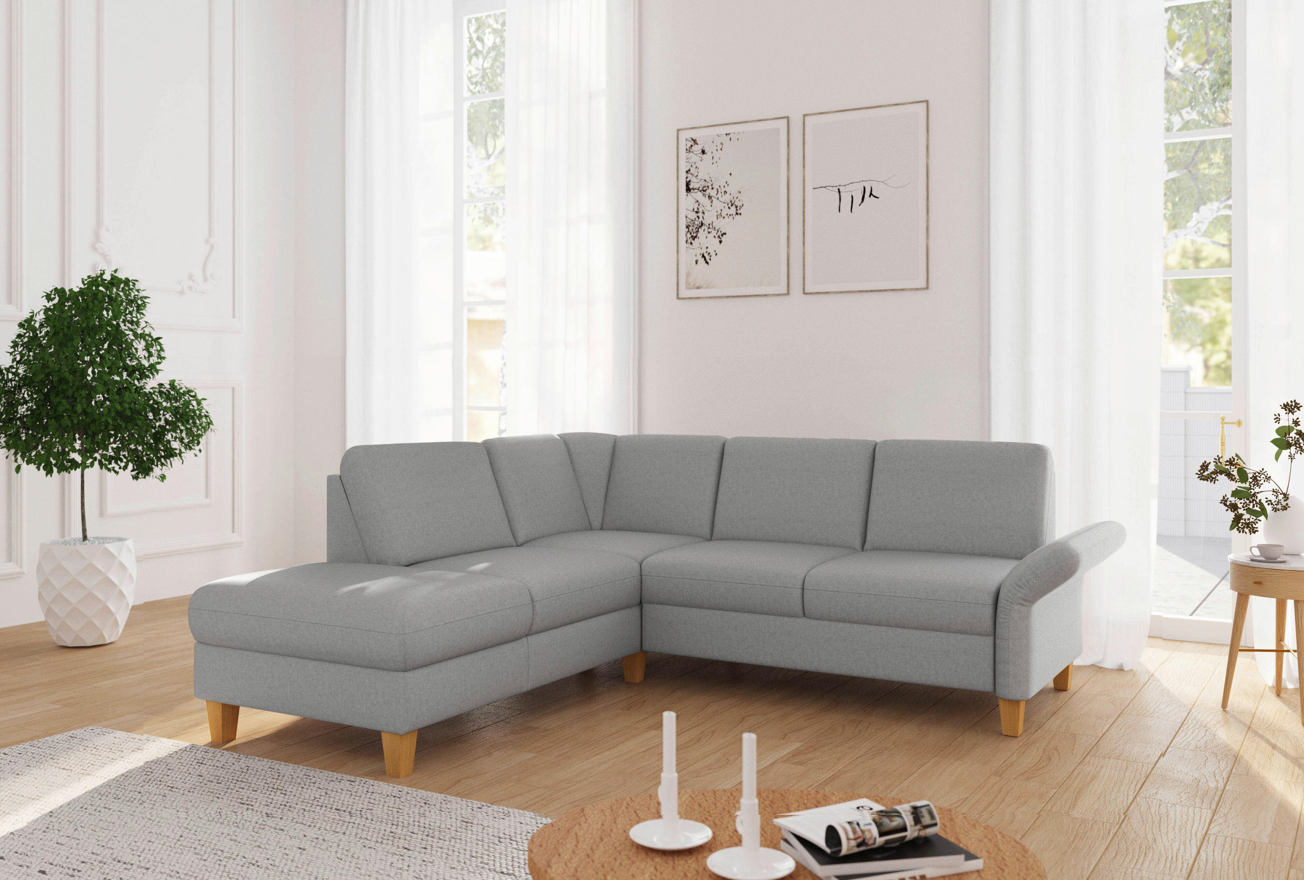 ECKSOFA ROCHELLE E Hellgrau Flachgewebe  - Eichefarben/Hellgrau, KONVENTIONELL, Holz/Textil (216/240cm) - Sit & More