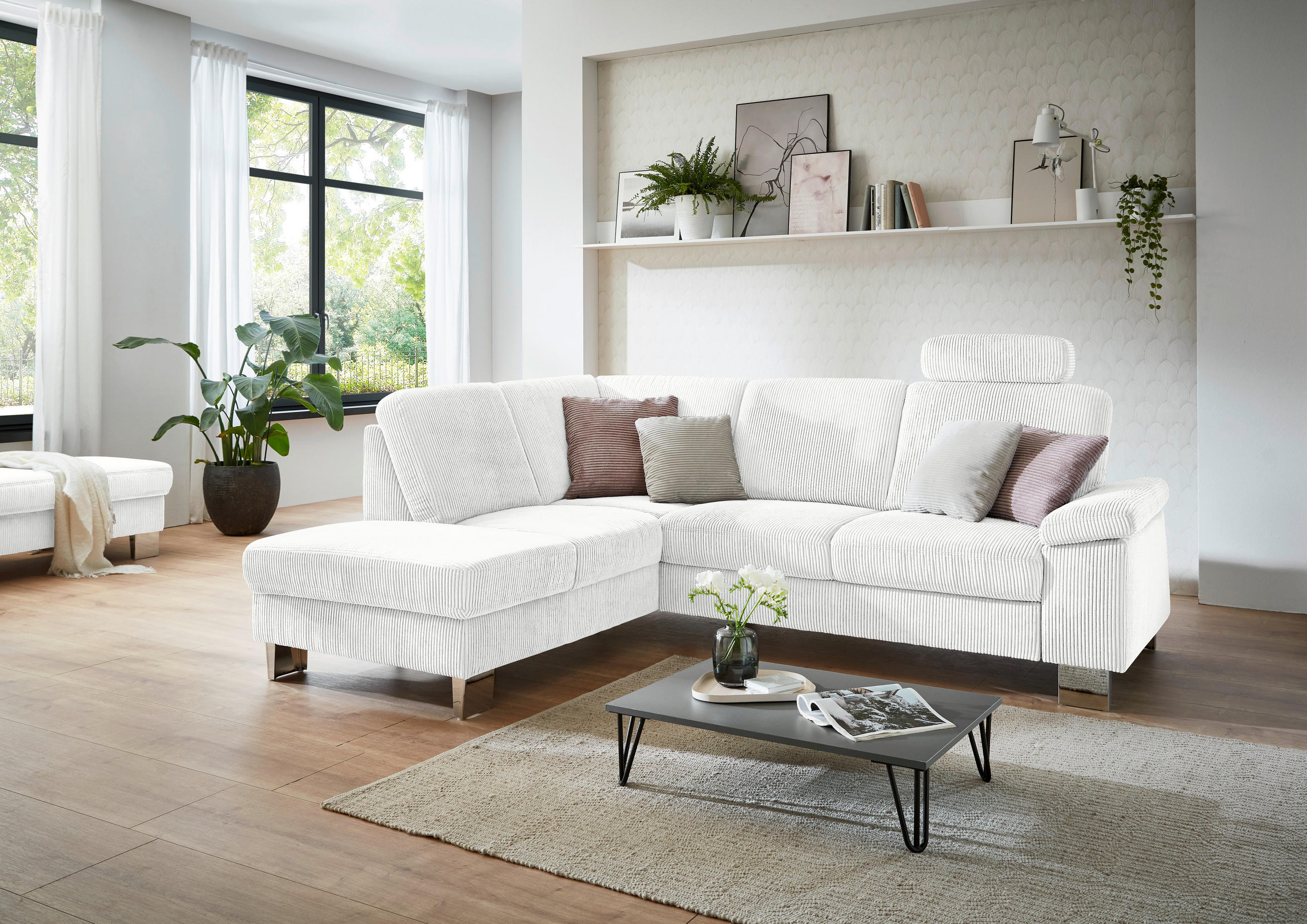 ECKSOFA in Cord Creme  - Edelstahlfarben/Creme, Konventionell, Textil/Metall (200/248cm) - Beldomo System
