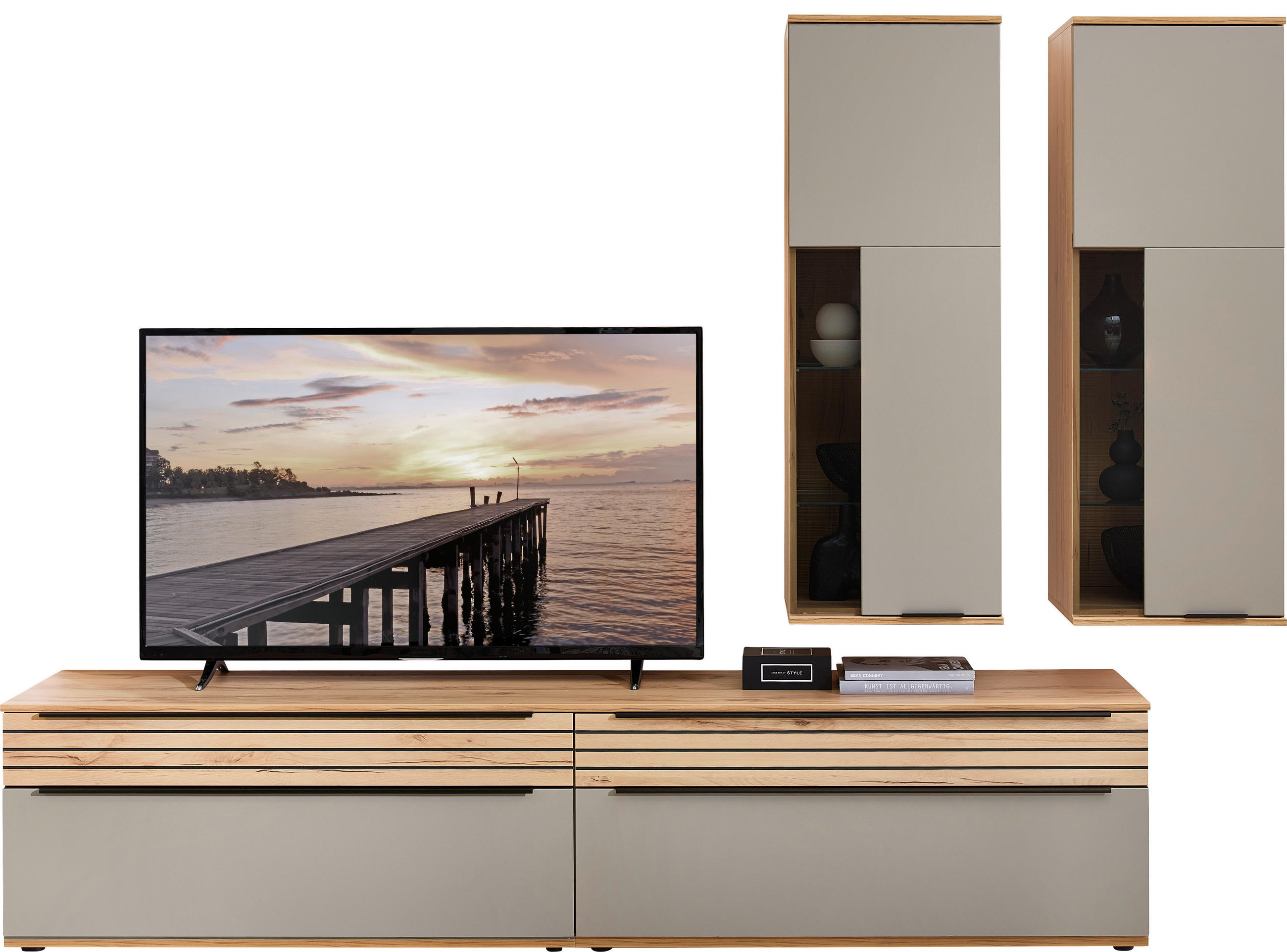 WOHNWAND  in Grau, Buchefarben  270/215/45 cm  - Buchefarben/Schwarz, KONVENTIONELL, Glas/Holzwerkstoff (270/215/45cm) - Venda