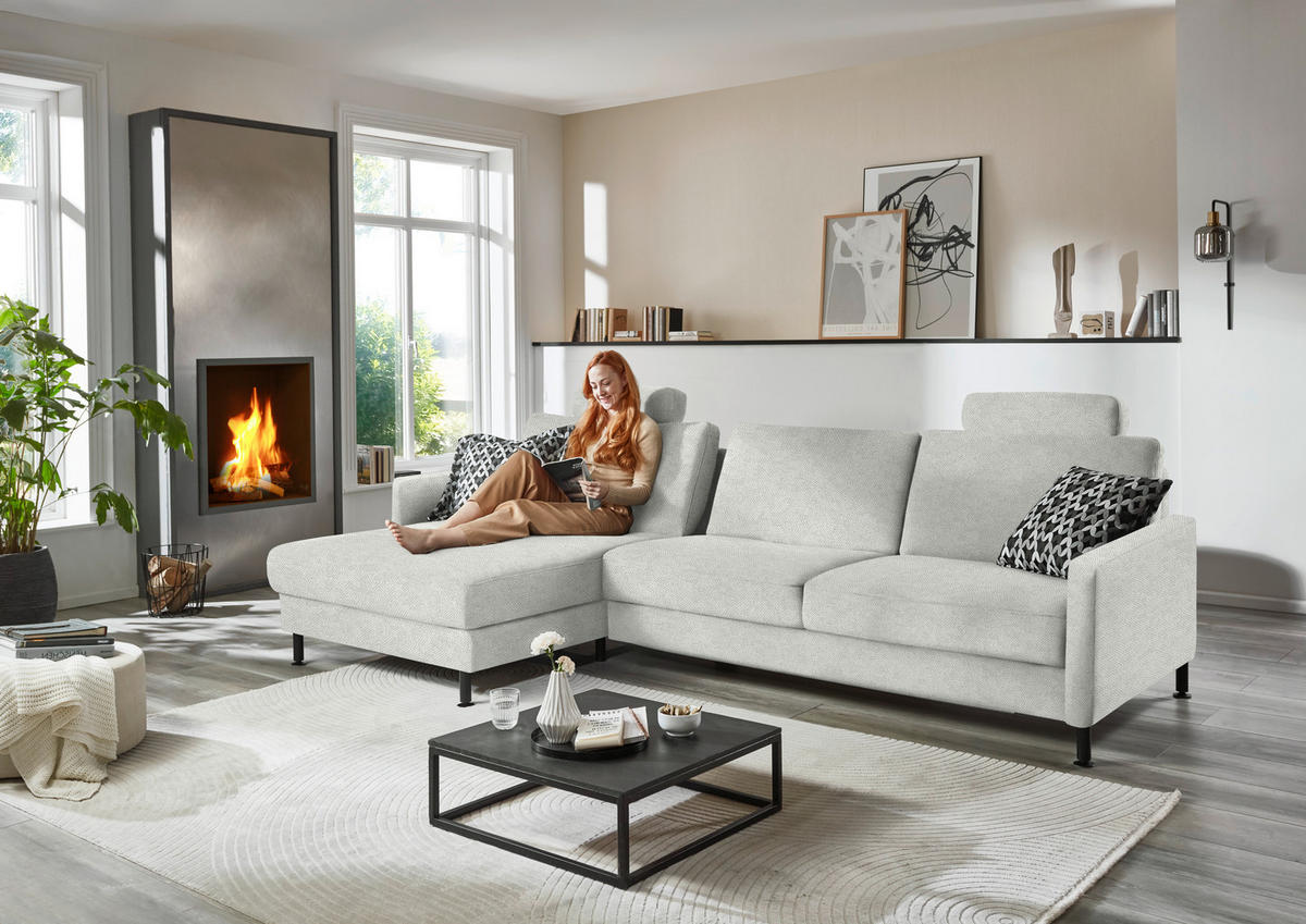 ECKSOFA Chenille, Flachgewebe Beige  - Beige/Schwarz, Design, Textil/Metall (175/316cm) - Dieter Knoll