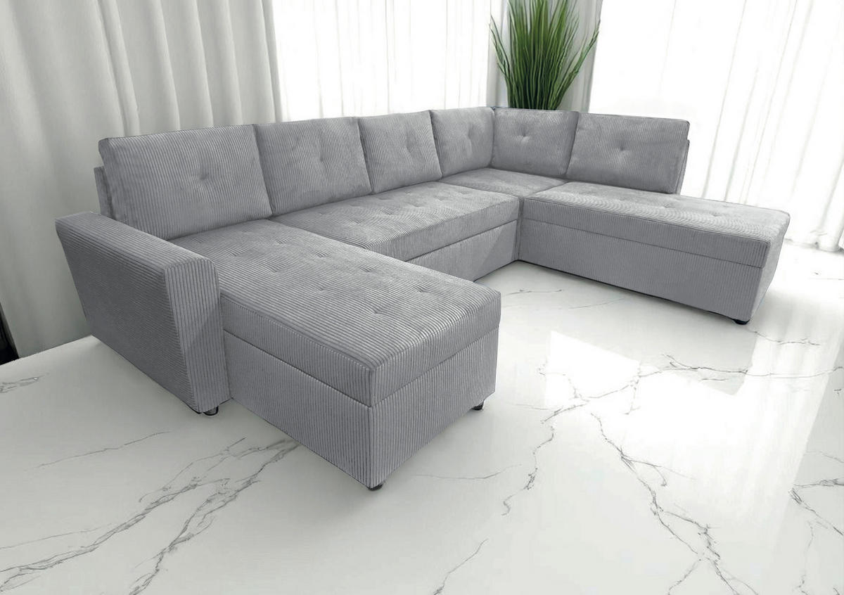 WOHNLANDSCHAFT TERMOLI in Cord Hellgrau  - Hellgrau/Schwarz, Design, Kunststoff/Textil (155/297/212cm) - MID.YOU