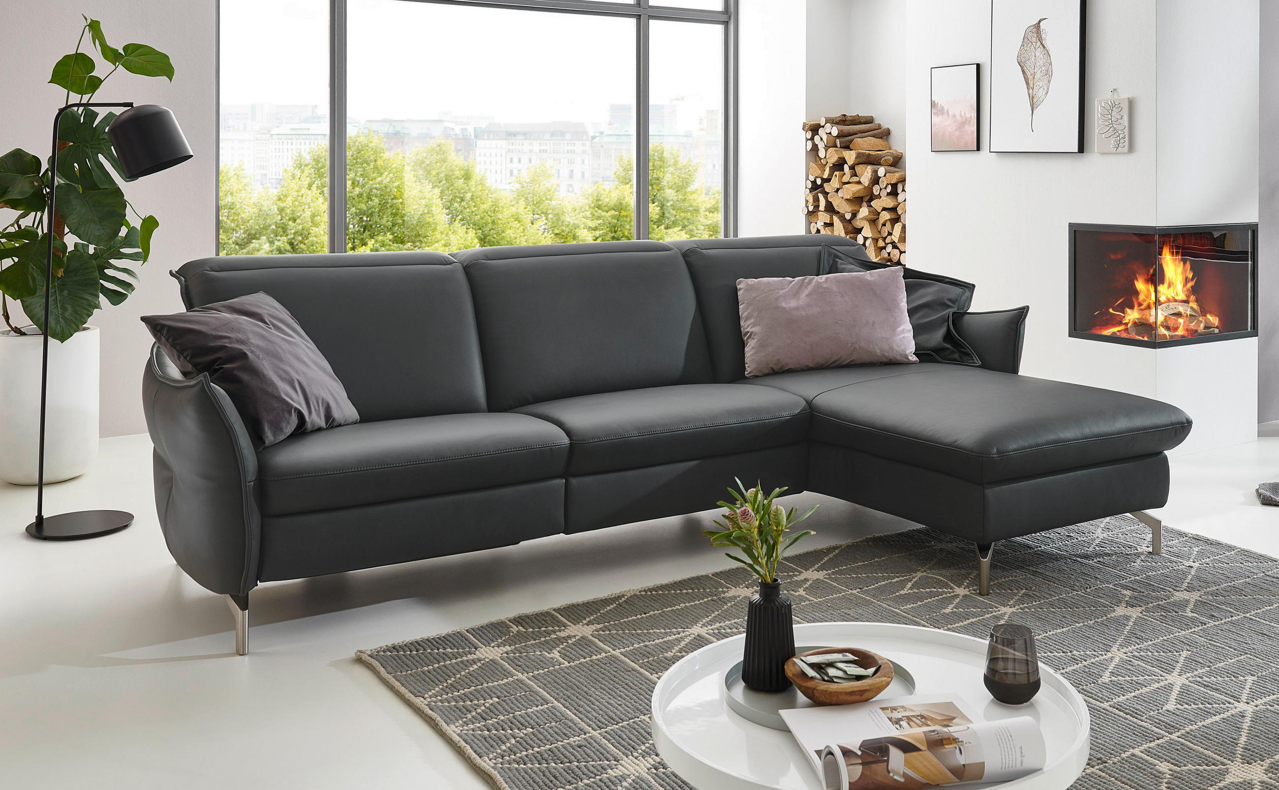 ECKSOFA in Lederlook (vegan) Schwarz - Schwarz/Nickelfarben, Modern, Textil/Metall (263/179cm) - Livetastic