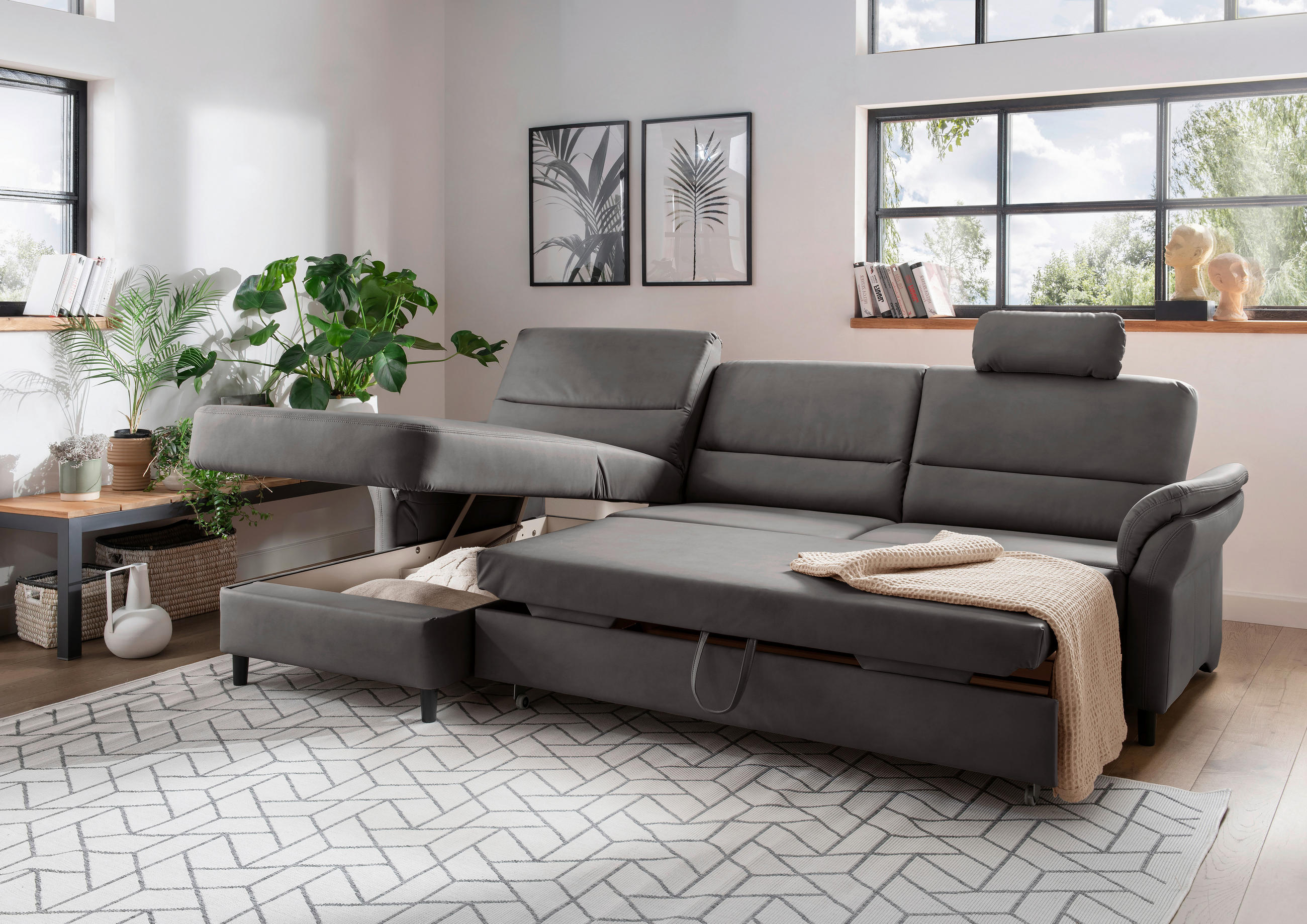 ECKSOFA in Lederlook Anthrazit  - Anthrazit/Schwarz, Modern, Holz/Textil (176/279cm) - Livetastic