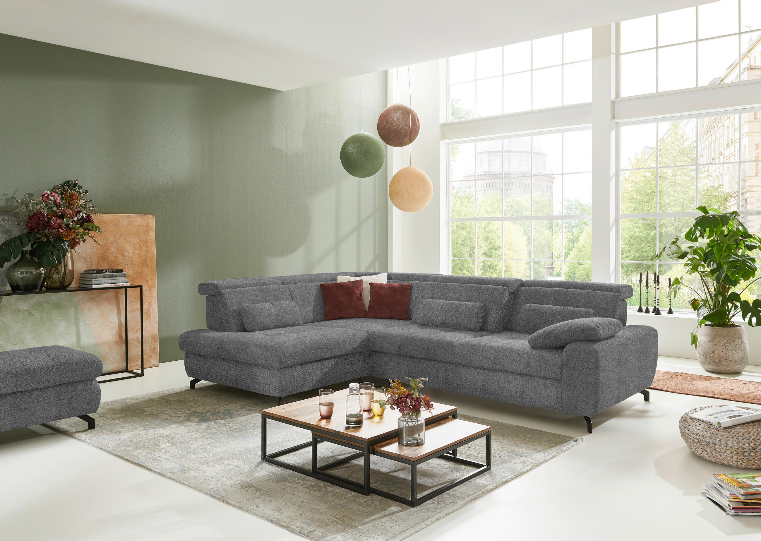 Thumbnail - Beldomo Style Ecksofa, Grau, Textil, 3-Sitzer, Ottomane links, L-Form, 310x220 cm, Fußauswahl, Lederauswahl, Stoffauswah...