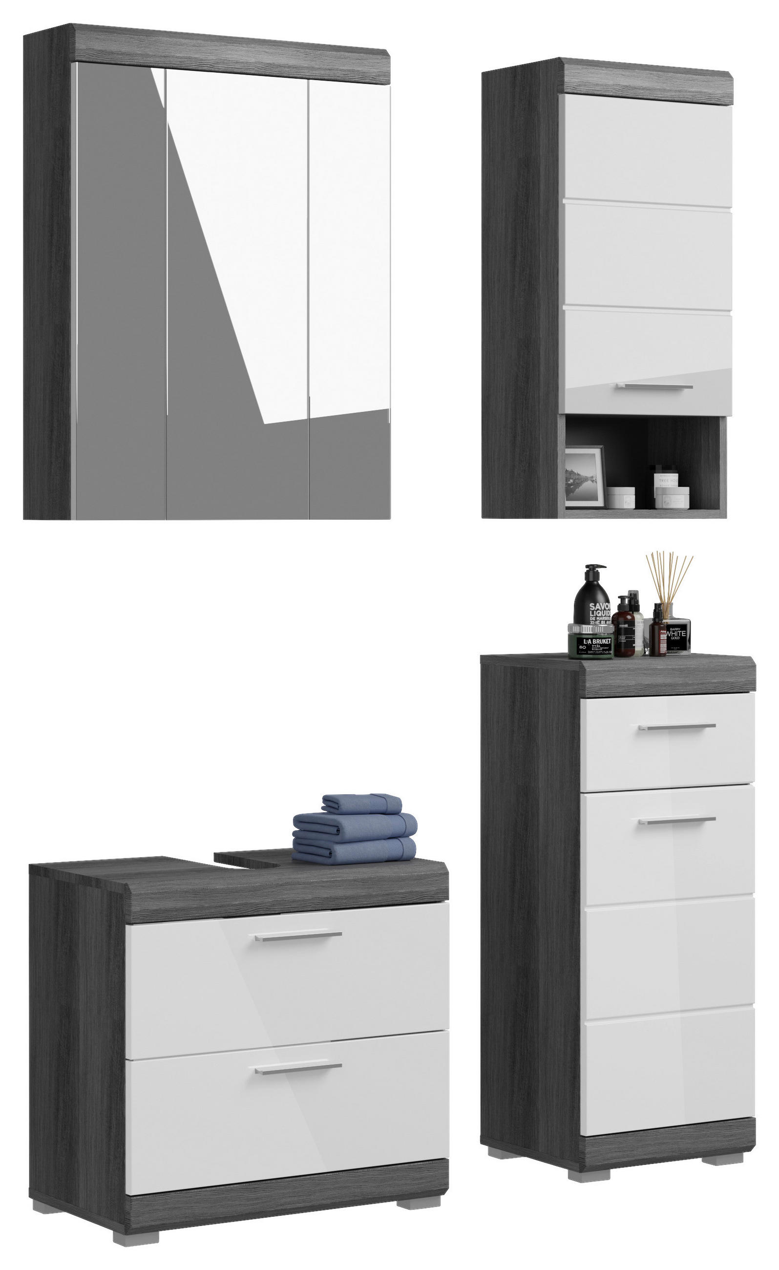 BADEZIMMER 4-teilig  in 97 cm  - Weiß Hochglanz/Grau, MODERN, Holzwerkstoff/Kunststoff (97cm) - MID.YOU