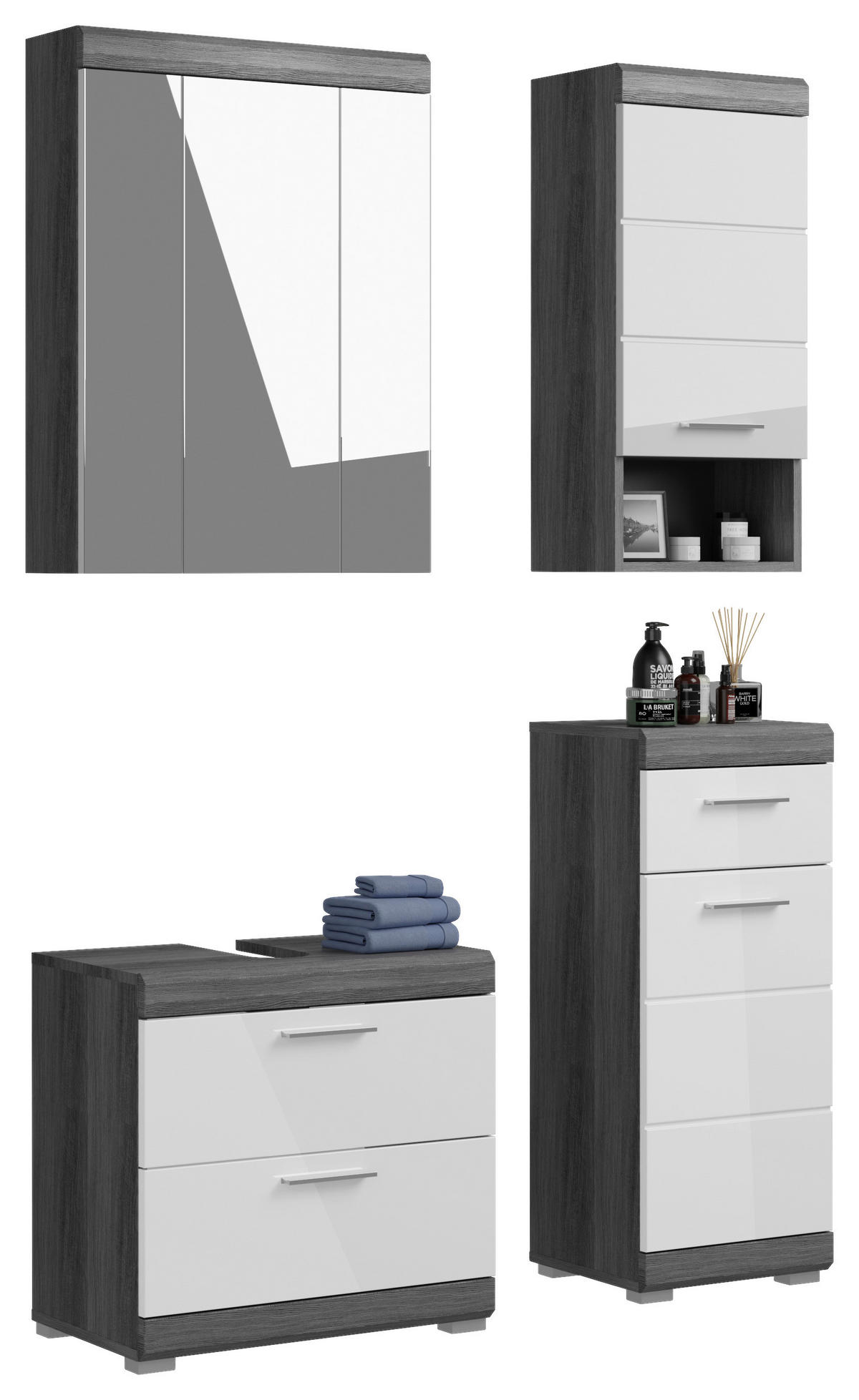 BADEZIMMER 4-teilig  in 97 cm  - Weiß Hochglanz/Grau, MODERN, Holzwerkstoff/Kunststoff (97cm) - MID.YOU