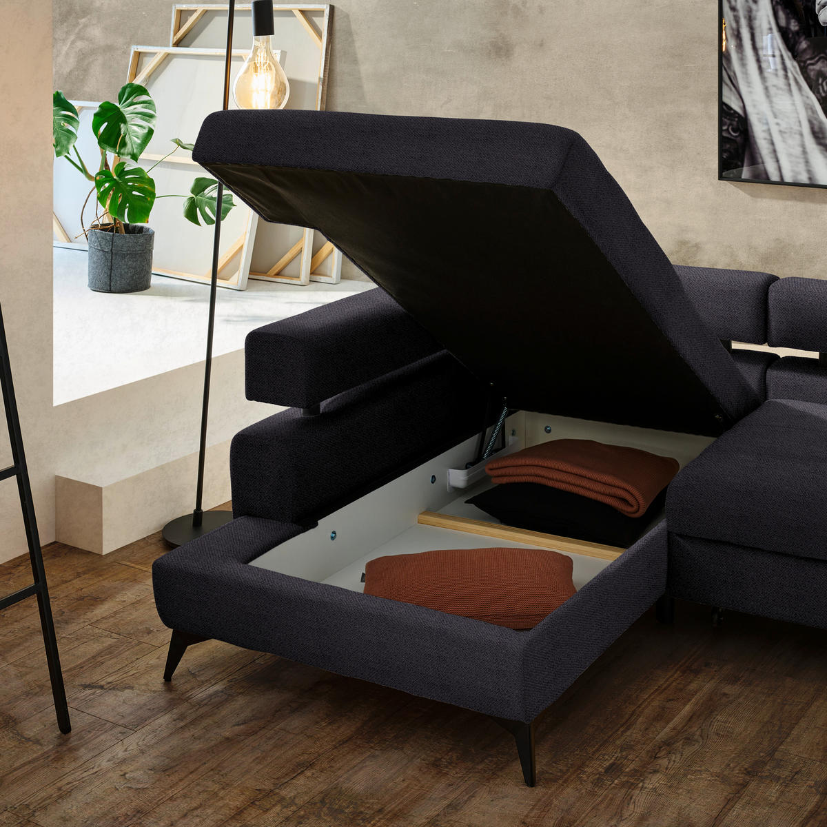 ECKSOFA in Chenille Schwarz  - Schwarz, Konventionell, Textil/Metall (184/265cm) - Hom`in
