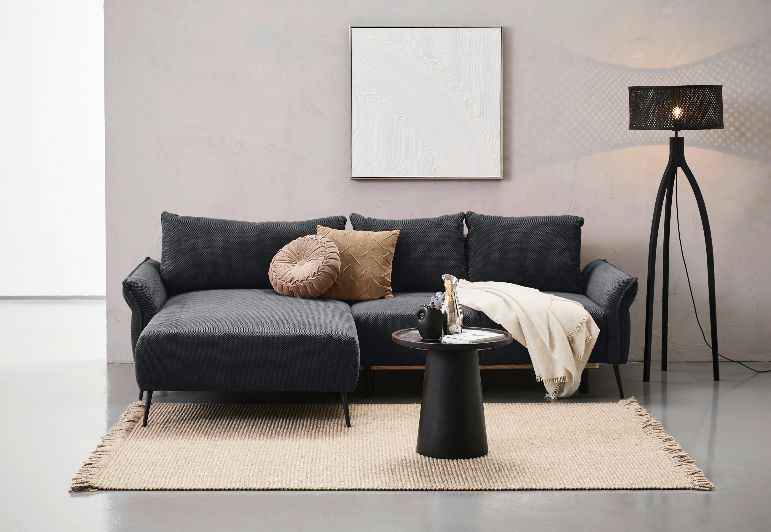 ECKSOFA Schwarz Chenille  - Schwarz, KONVENTIONELL, Textil/Metall (164/255cm) - Carryhome