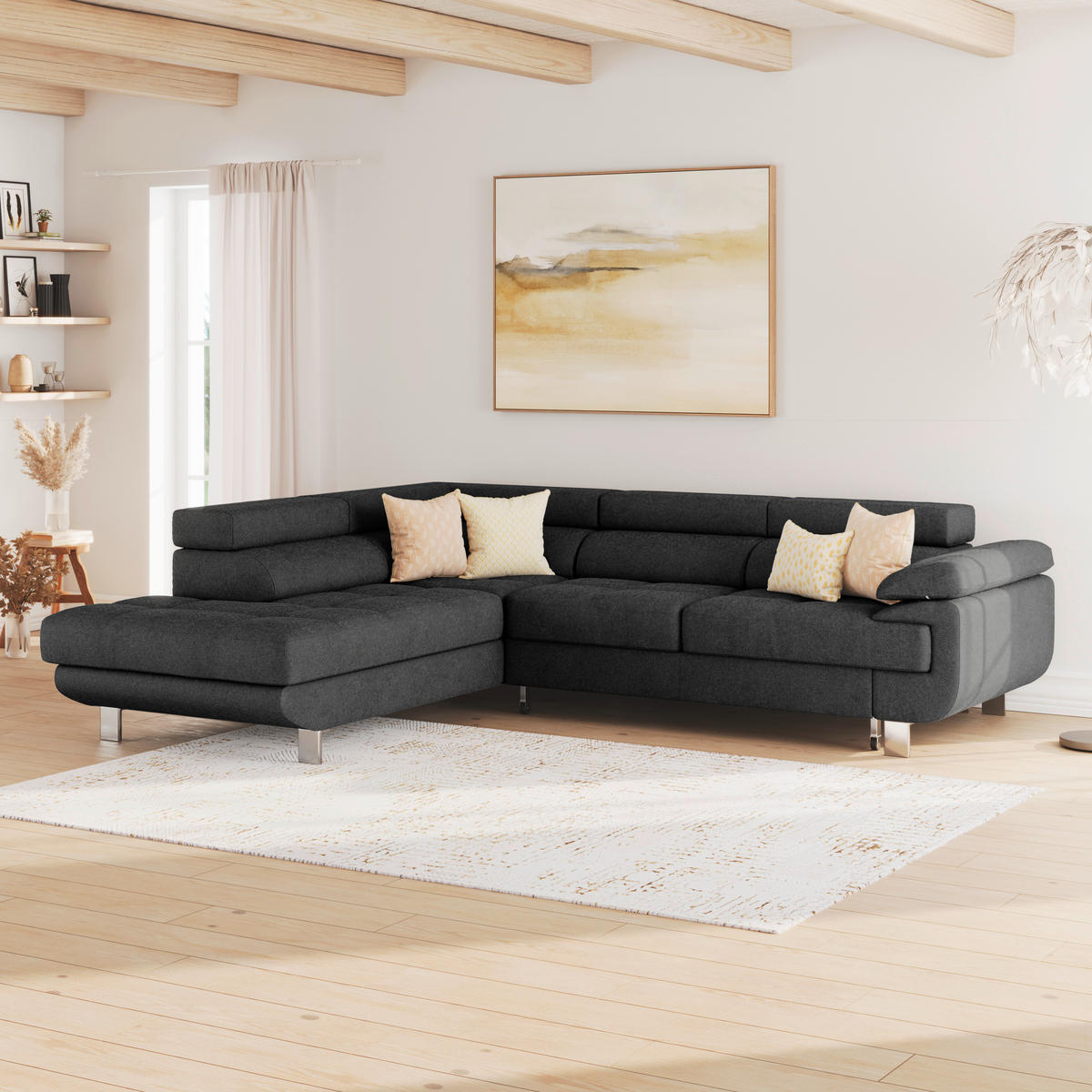 ECKSOFA in Drell Graphitfarben  - Blaugrau/Graphitfarben, Modern, Textil/Metall (230/270cm) - MID.YOU