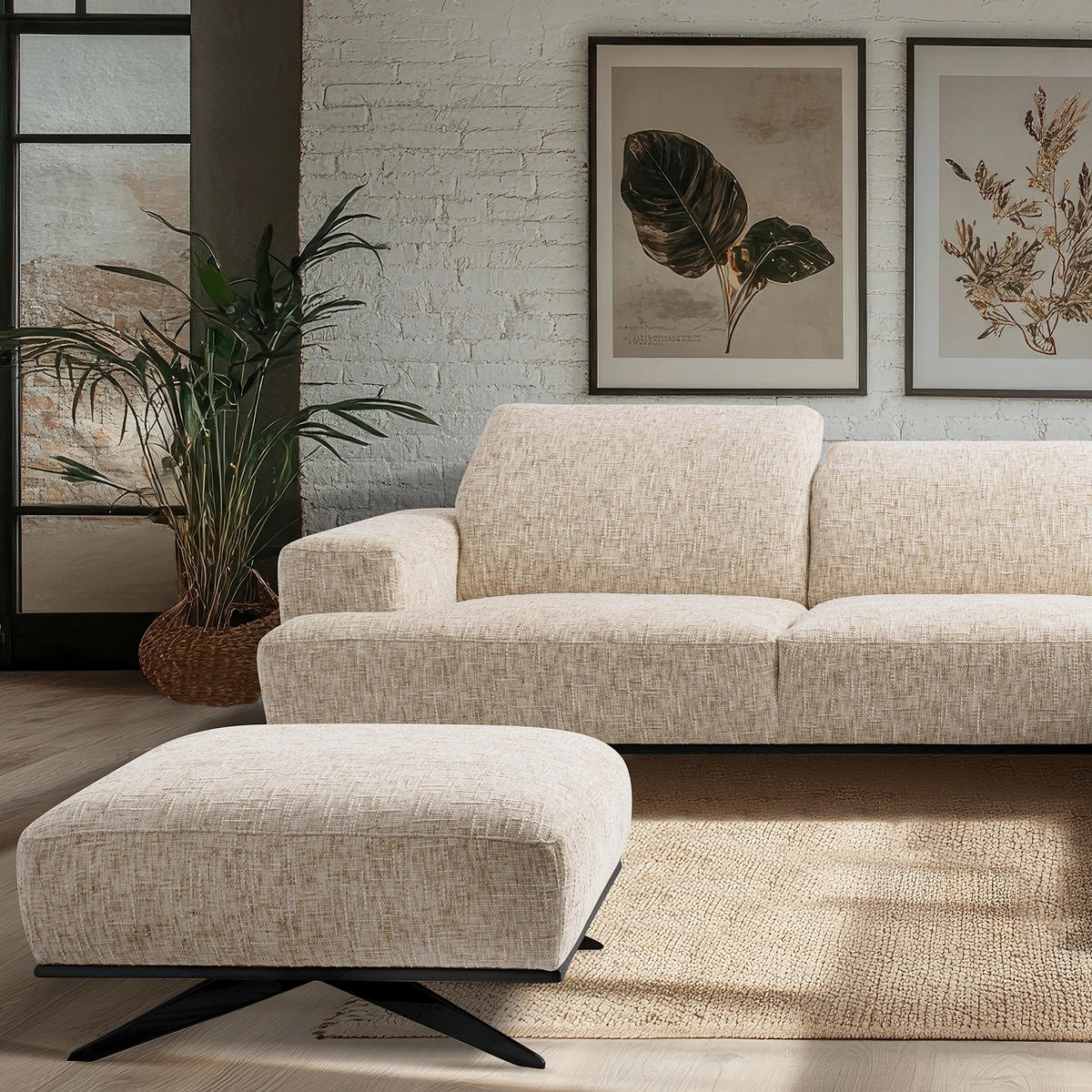 HOCKER in Textil Beige  - Beige/Schwarz, Design, Holz/Textil (95/46/80cm) - Livetastic