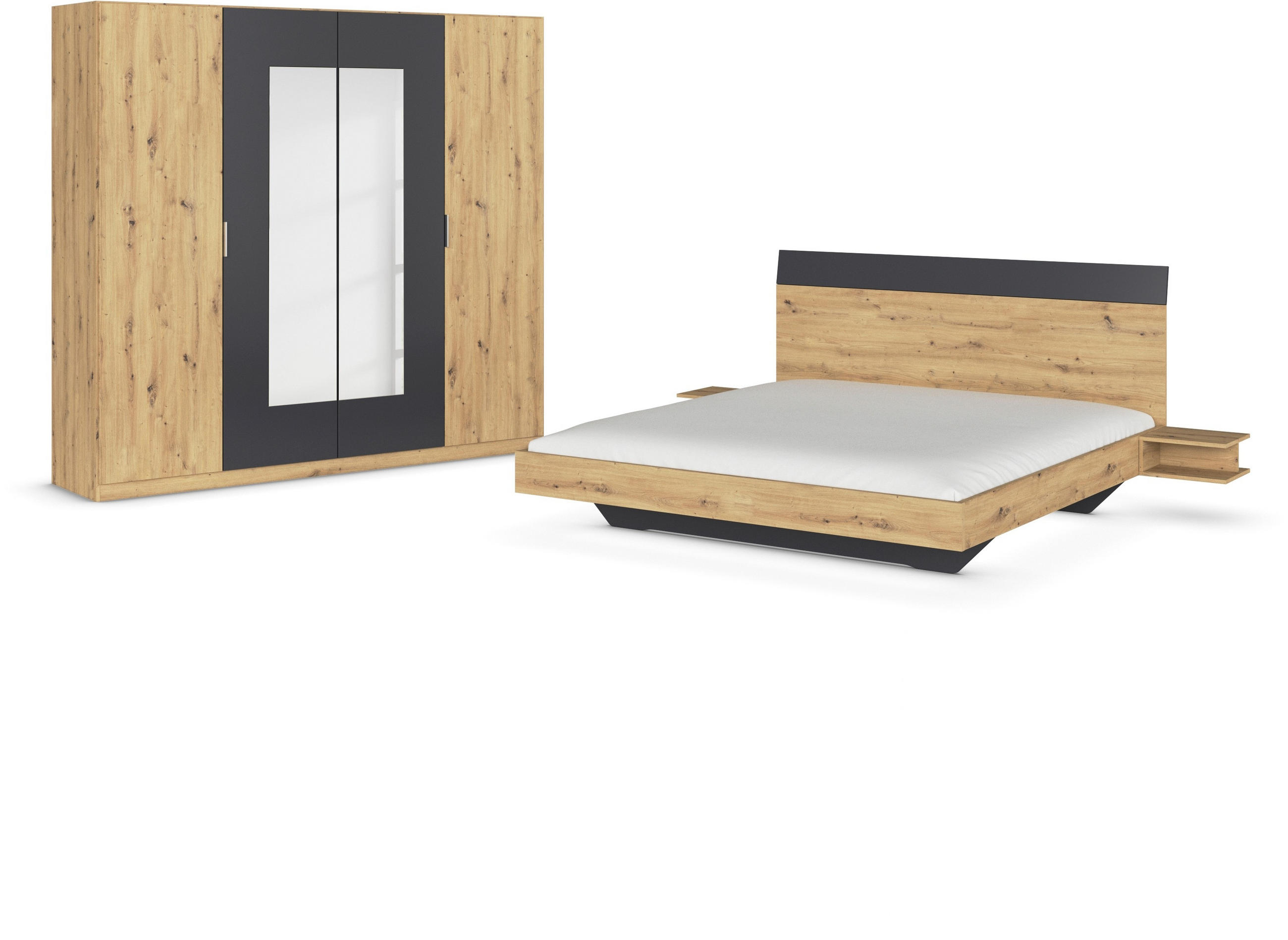 SCHLAFZIMMER in Dunkelgrau, Eiche Artisan - Dunkelgrau/Eiche Artisan, Design, Glas/Holzwerkstoff - Boxxx