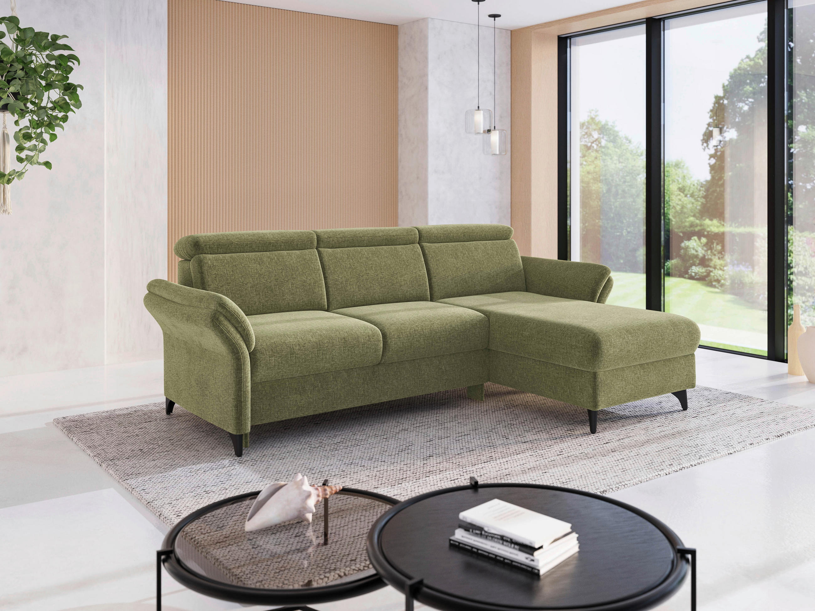 ECKSOFA GLENDALE E Hellgrün Flachgewebe  - Eichefarben/Hellgrün, KONVENTIONELL, Holz/Textil (253/166cm) - Sit & More