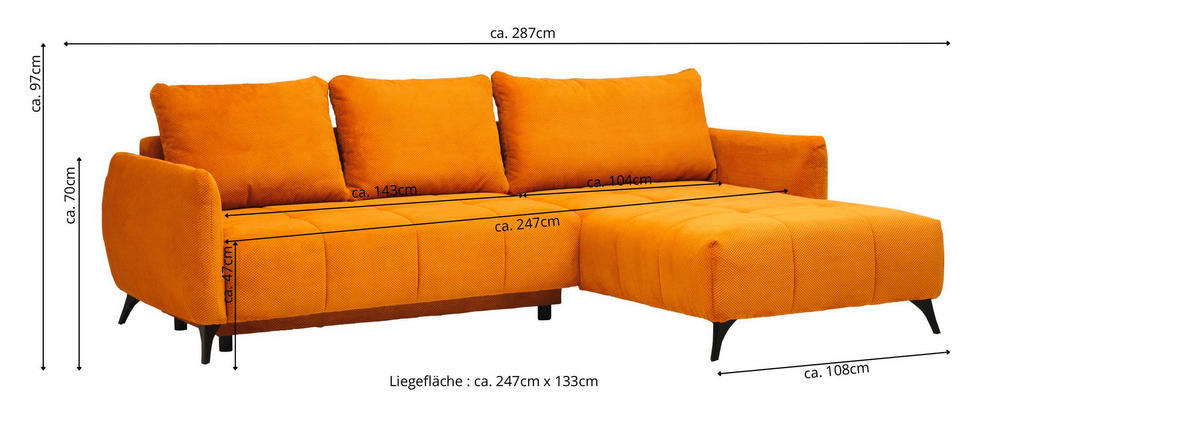 ECKSOFA inkl. Funktionen Grau Struktur, Plüsch  - Schwarz/Grau, Design, Textil/Metall (287/197cm) - Stylife
