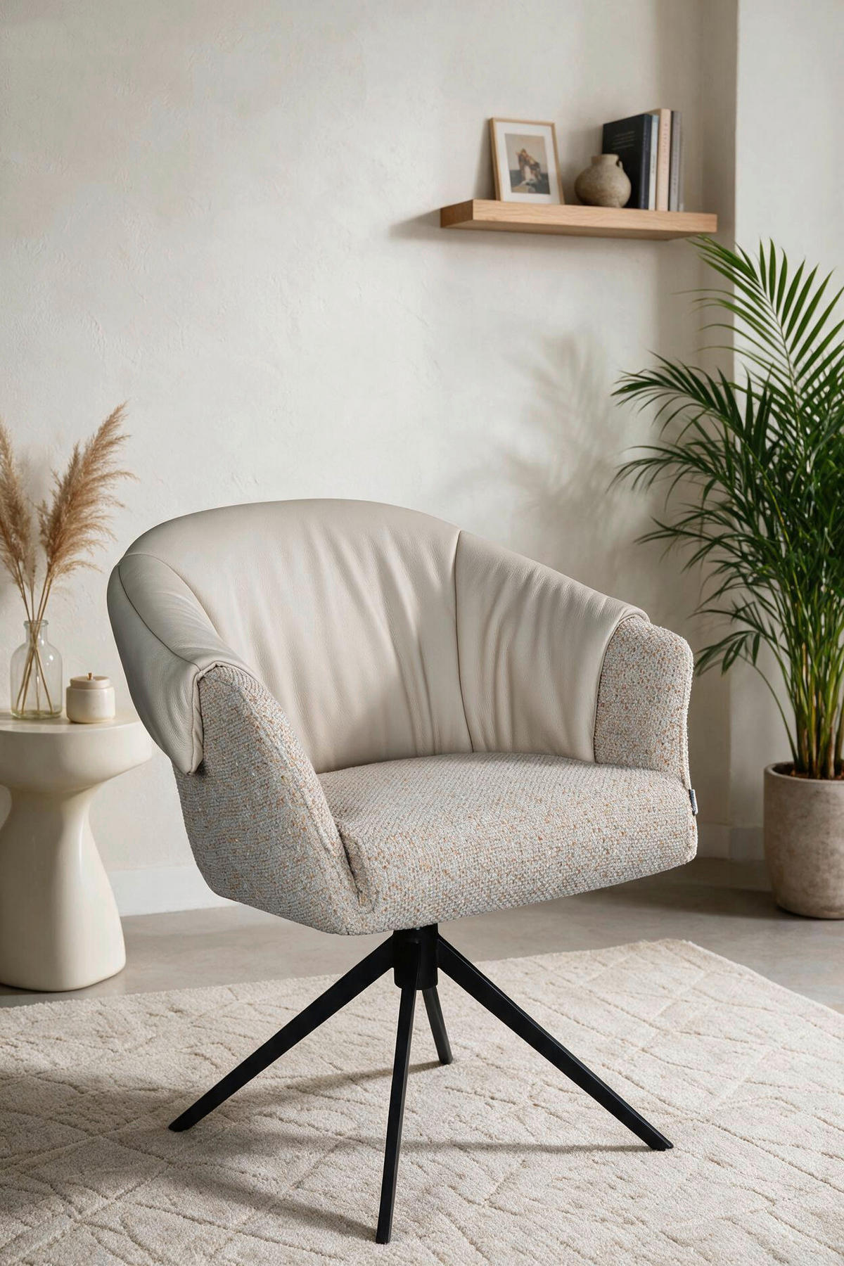 ARMLEHNSTUHL  Sitzfläche 360° drehbar, automatische Rückholfunktion Leinenoptik Echtleder  Beige, Creme, Schwarz  - Beige/Creme, Design, Leder/Textil (68,5/83/65,5cm) - Carryhome