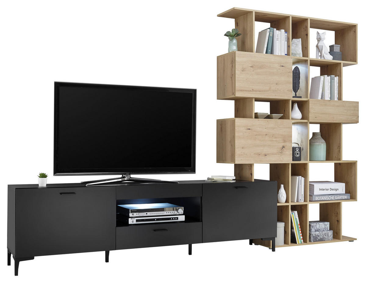WOHNWAND  in Schwarz, Eichefarben  290/195/40 cm  - Eichefarben/Anthrazit, Design, Holzwerkstoff/Kunststoff (290/195/40cm) - MID.YOU