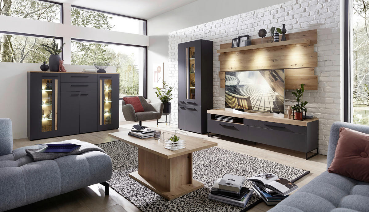 FLEKSIBILNI REGAL ZA SOBU grafitno siva, boja hrasta   - boja hrasta/zlatna, Moderno, staklo/metal (288/201/44cm) - Hom`in