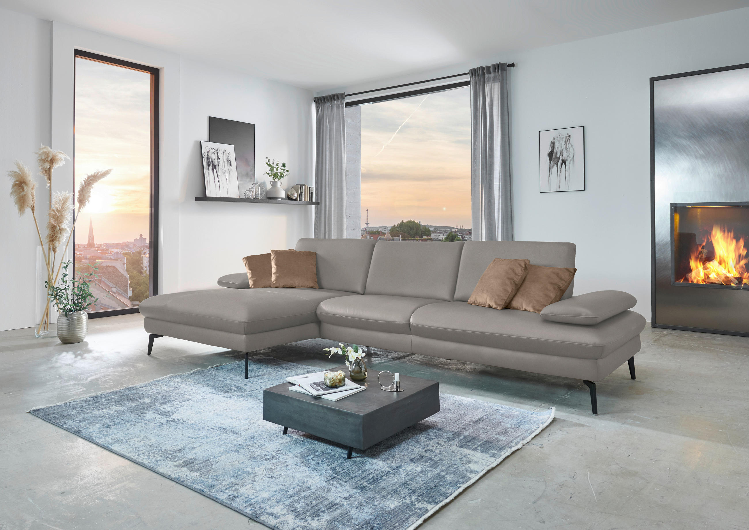 ECKSOFA in Echtleder Hellgrau  - Hellgrau/Schwarz, Design, Leder/Metall (157/325cm) - Dieter Knoll