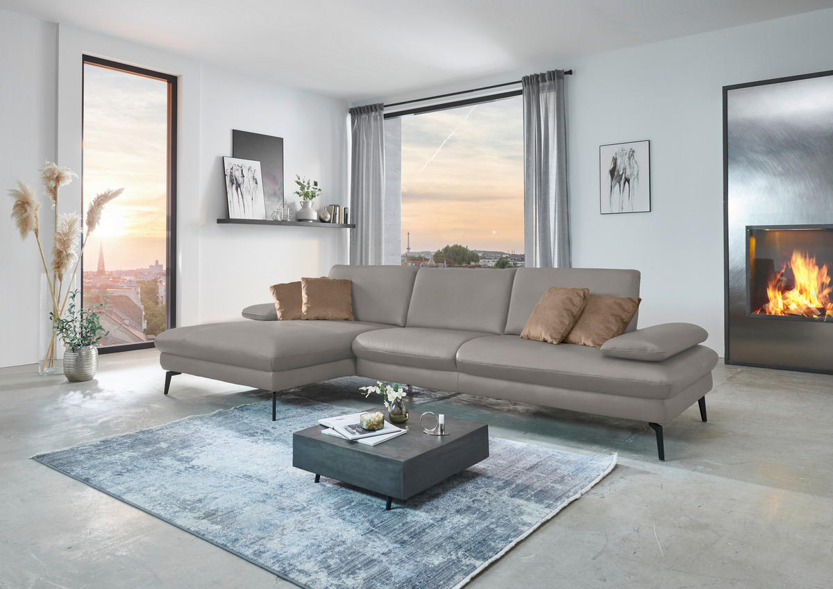 ECKSOFA in Echtleder Hellgrau  - Hellgrau/Schwarz, Design, Leder/Metall (157/325cm) - Dieter Knoll