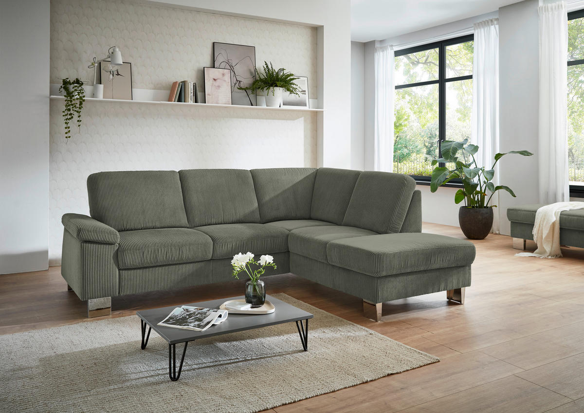 ECKSOFA in Cord Olivgrün  - Edelstahlfarben/Olivgrün, Konventionell, Textil/Metall (248/200cm) - Beldomo System