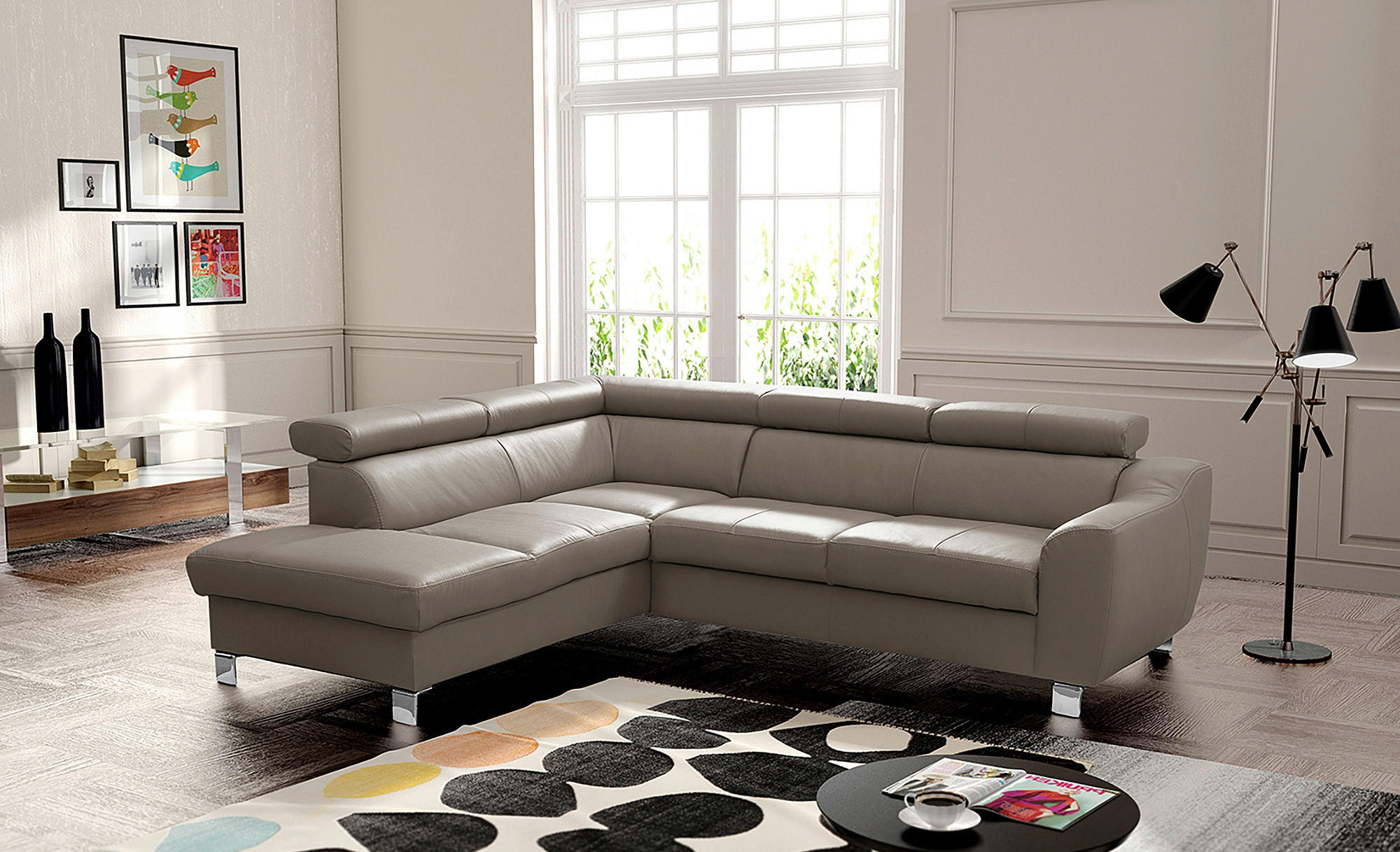 ECKSOFA in Lederlook Echtleder Taupe  - Taupe/Chromfarben, Design, Leder/Textil (208/245cm) - Livetastic