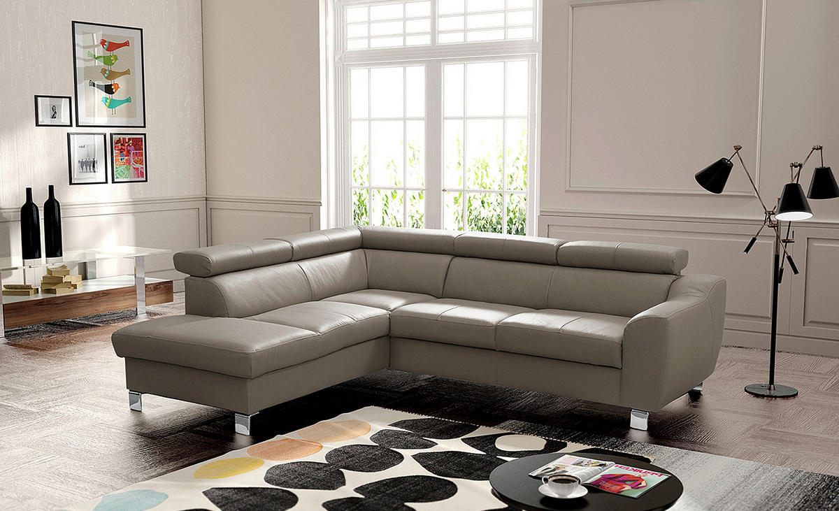 ECKSOFA Taupe Echtleder Lederlook  - Taupe/Chromfarben, Design, Leder/Textil (208/245cm) - Livetastic