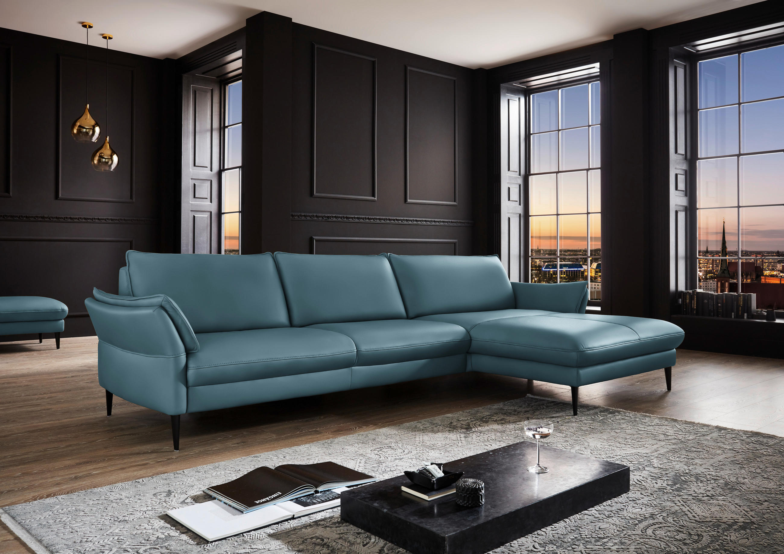 ECKSOFA in Echtleder Blau  - Blau/Schwarz, Design, Leder/Metall (334/172cm) - Hukla