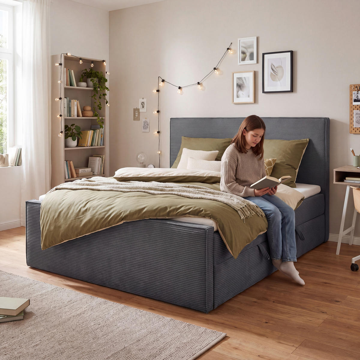 BOXBETT 180/200 cm,  in Anthrazit, gepolstertes Kopfteil, Bettkasten, Topper, Matratzen, H3 + H3 = fest  - Anthrazit/Schwarz, Basics, Kunststoff/Textil (180/200cm) - Chameo