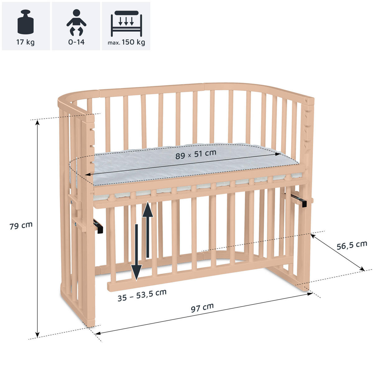 BEISTELLBETT 96/56,50/79 cm  - Beige, Basics, Holz (96/56,50/79cm) - Babybay