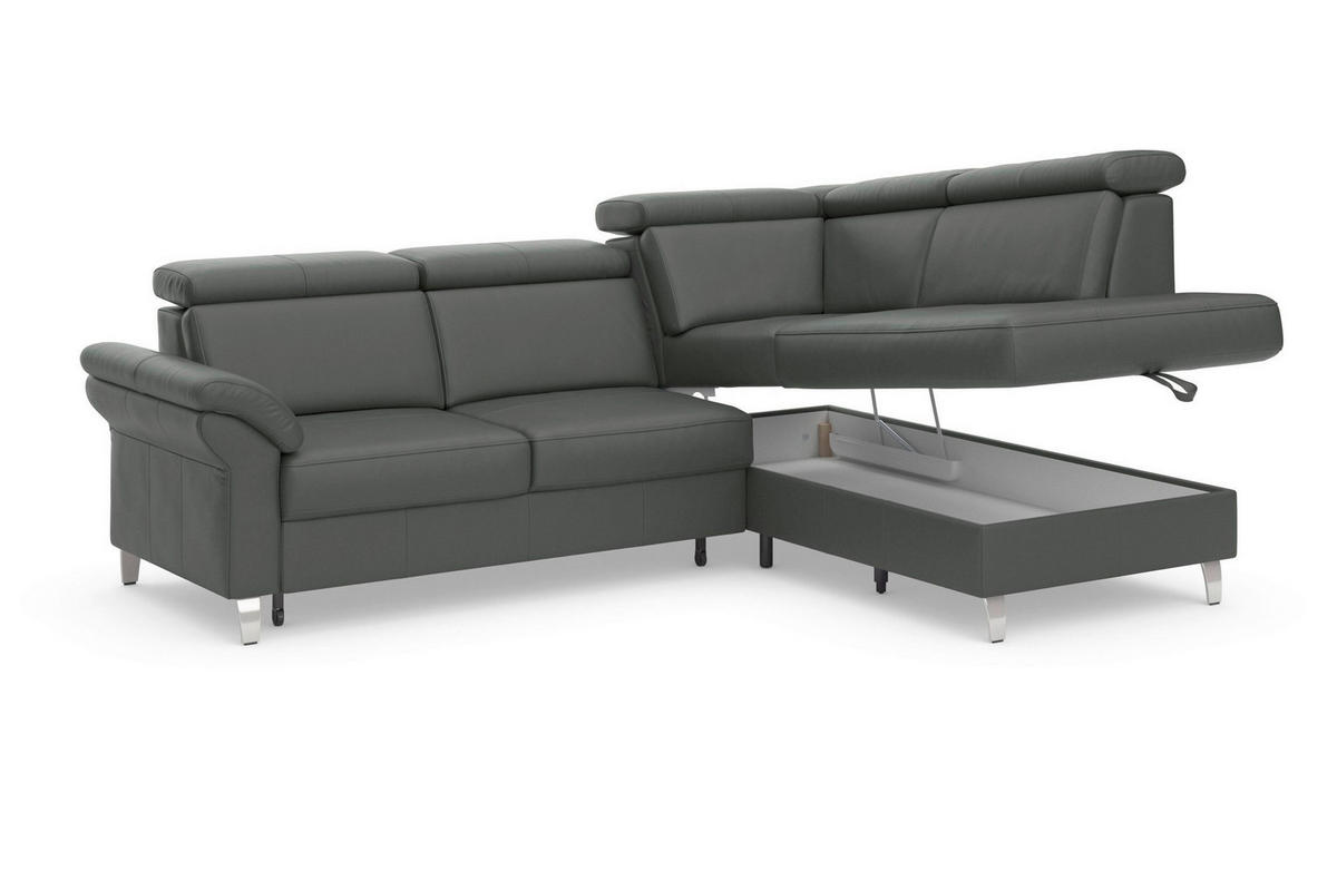ECKSOFA 245/194 cm ARNGAST E in Mikrofaser Kombination Echtleder/Stoff Anthrazit Bettkasten, Kopfteilverstellung  245/194 cm  - Chromfarben/Anthrazit, Basics, Leder/Textil (245/194cm) - Sit & More