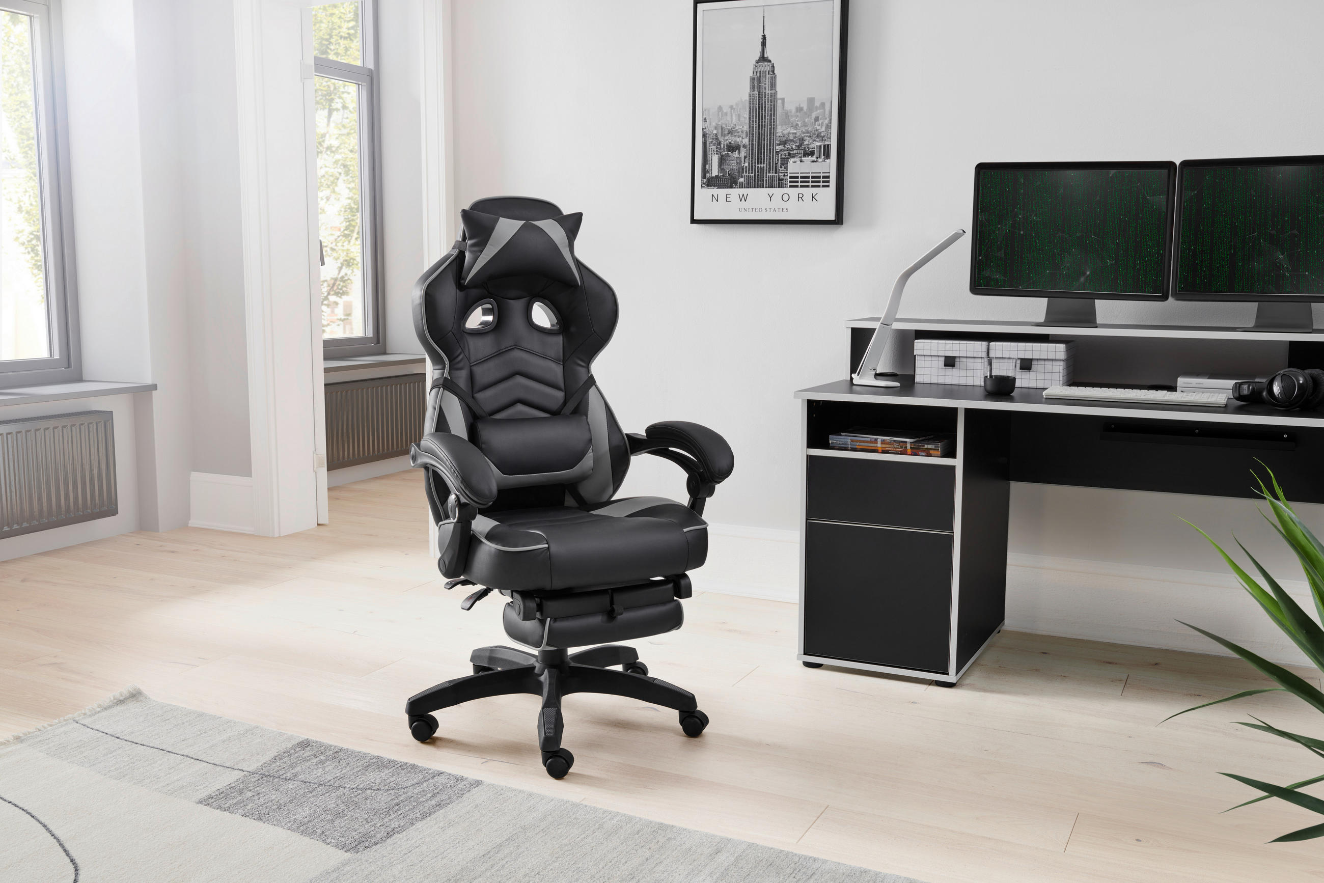 GAMINGSTUHL  in Lederlook, Mikrofaser Grau, Schwarz  - Schwarz/Grau, LIFESTYLE, Holz/Kunststoff (68,5/116-124/65cm) - Livetastic