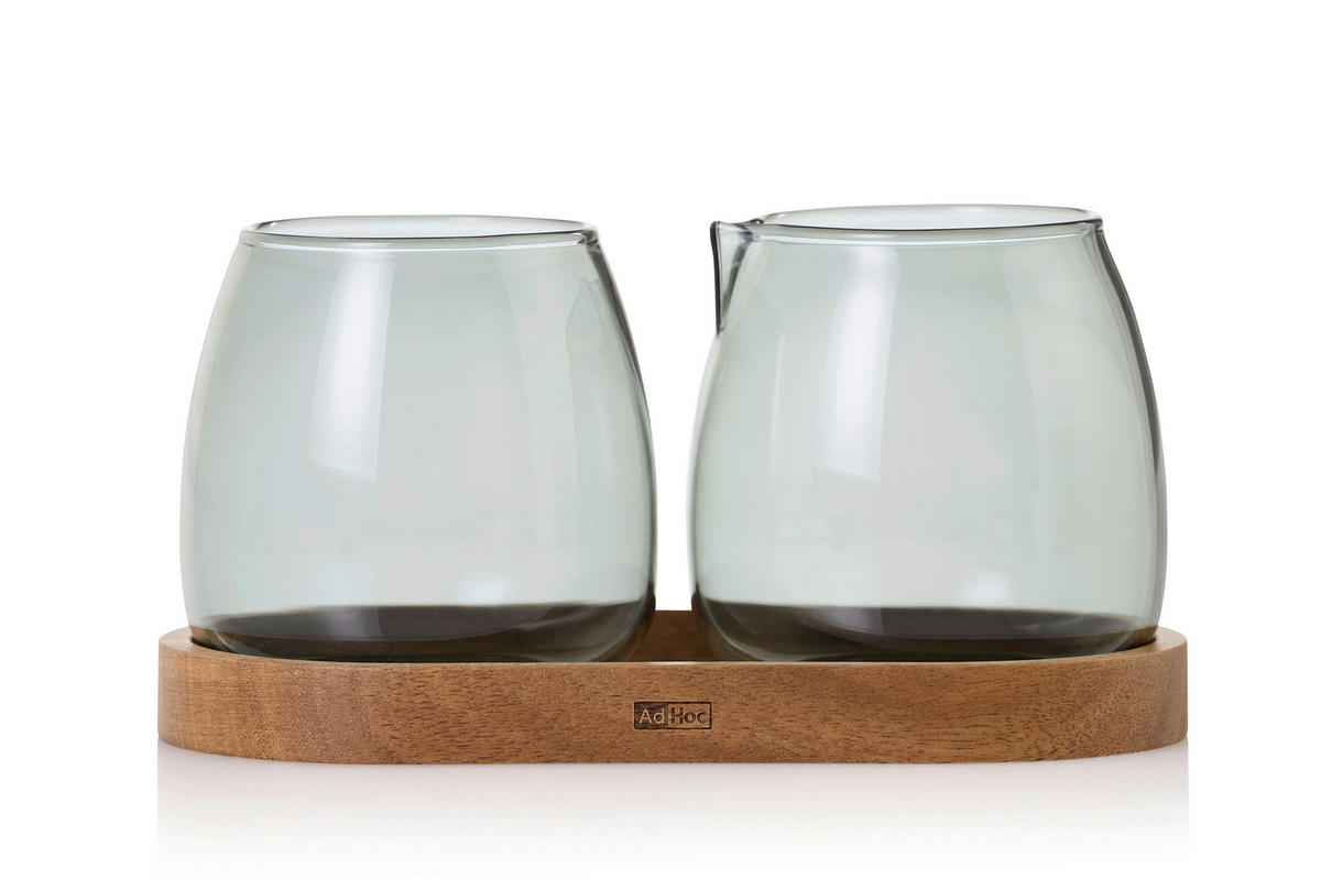 MILCH- UND ZUCKER-SET Holz, Glas  - Grau/Akaziefarben, Design, Glas/Holz (16,0/8,5/7,5cm) - AdHoc