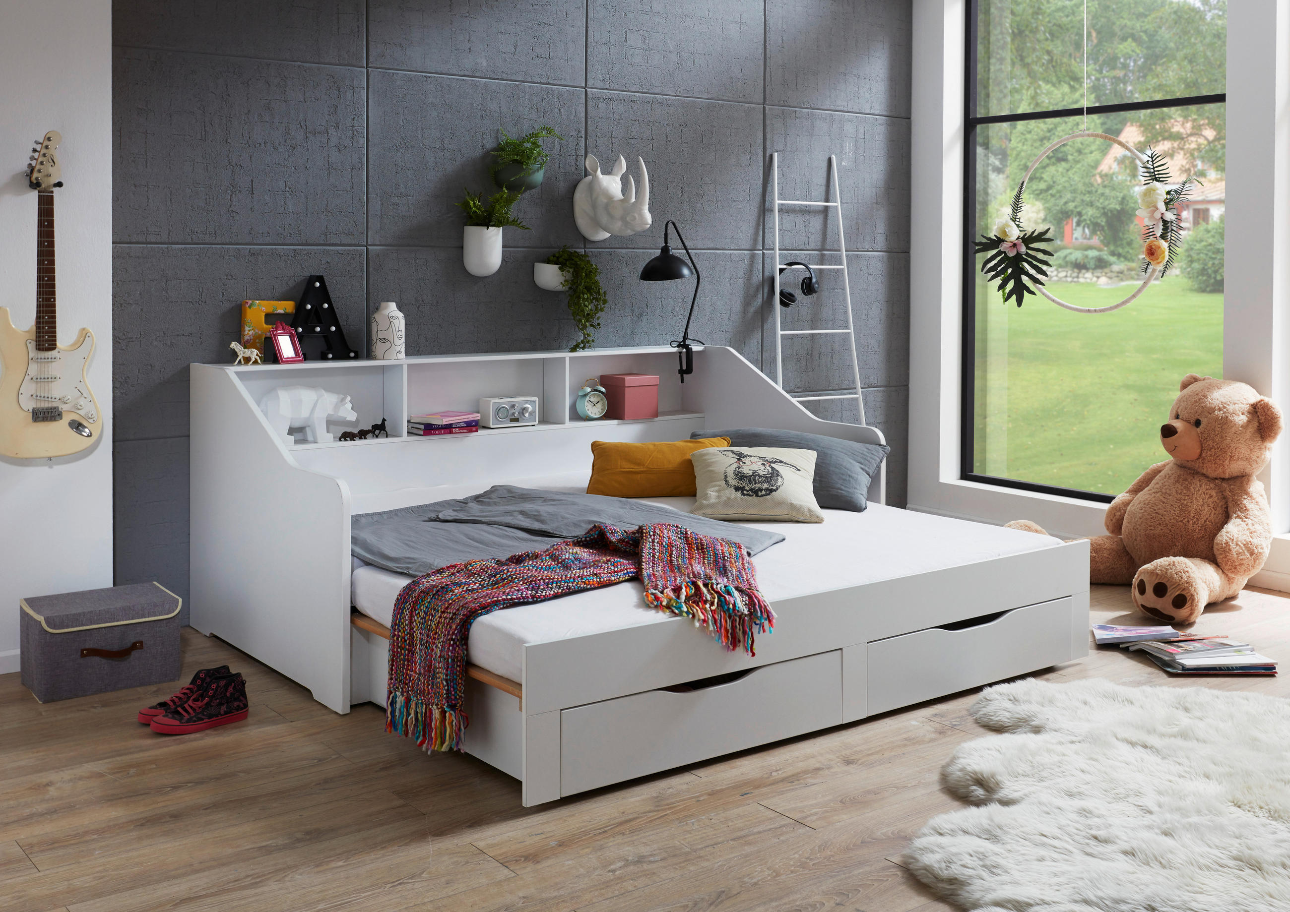 AUSZIEHBETT 90/200 cm Weiss - Weiss/Buchefarben, Konventionell, Holzwerkstoff (90/200cm) - Carryhome