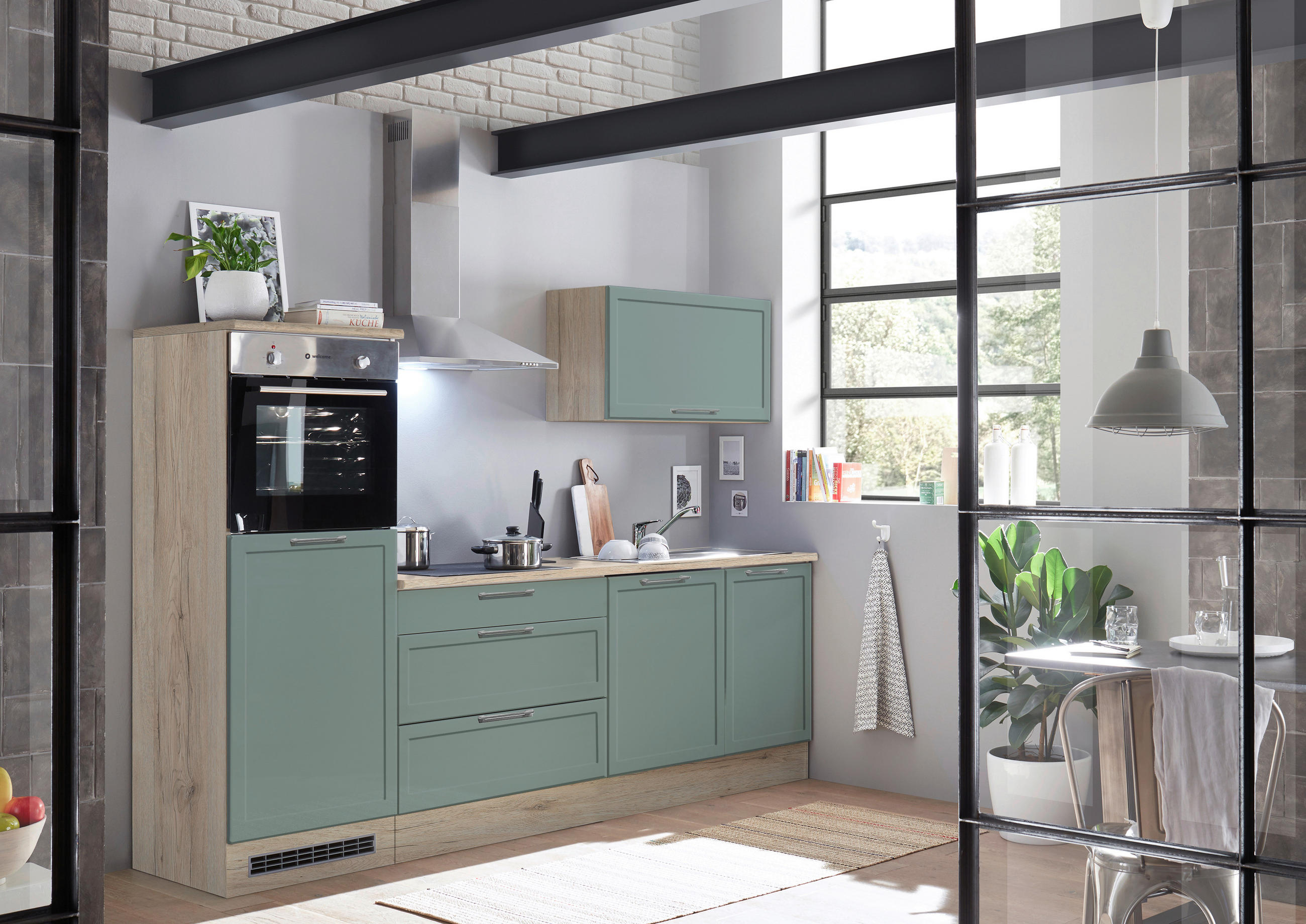 KÜCHENLEERBLOCK 260 cm   in Grün, Eiche San Remo  - Chromfarben/Eiche San Remo, Design, Holzwerkstoff/Metall (260cm) - P & B