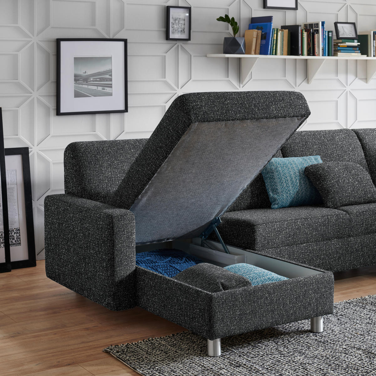 WOHNLANDSCHAFT  in Mikrovelours Anthrazit  - Anthrazit/Alufarben, KONVENTIONELL, Kunststoff/Textil (158/322/236cm) - Sedda