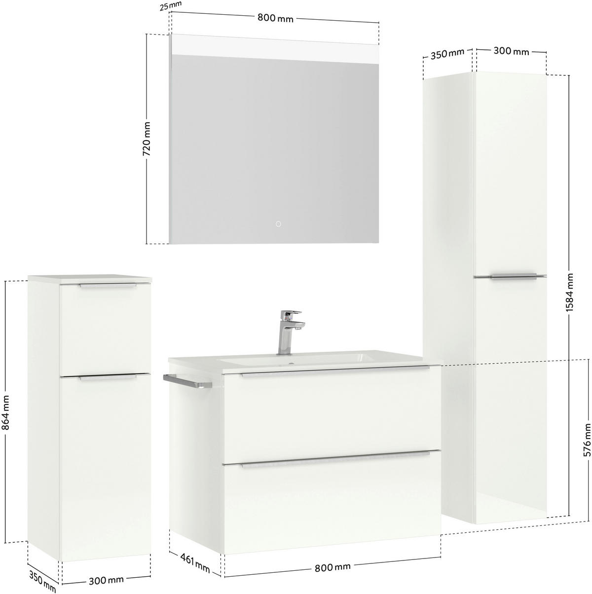 BADEZIMMER 3-teilig  in 81 cm  - Edelstahlfarben/Weiß Hochglanz, MODERN, Holzwerkstoff/Stein (81cm) - Nobilia