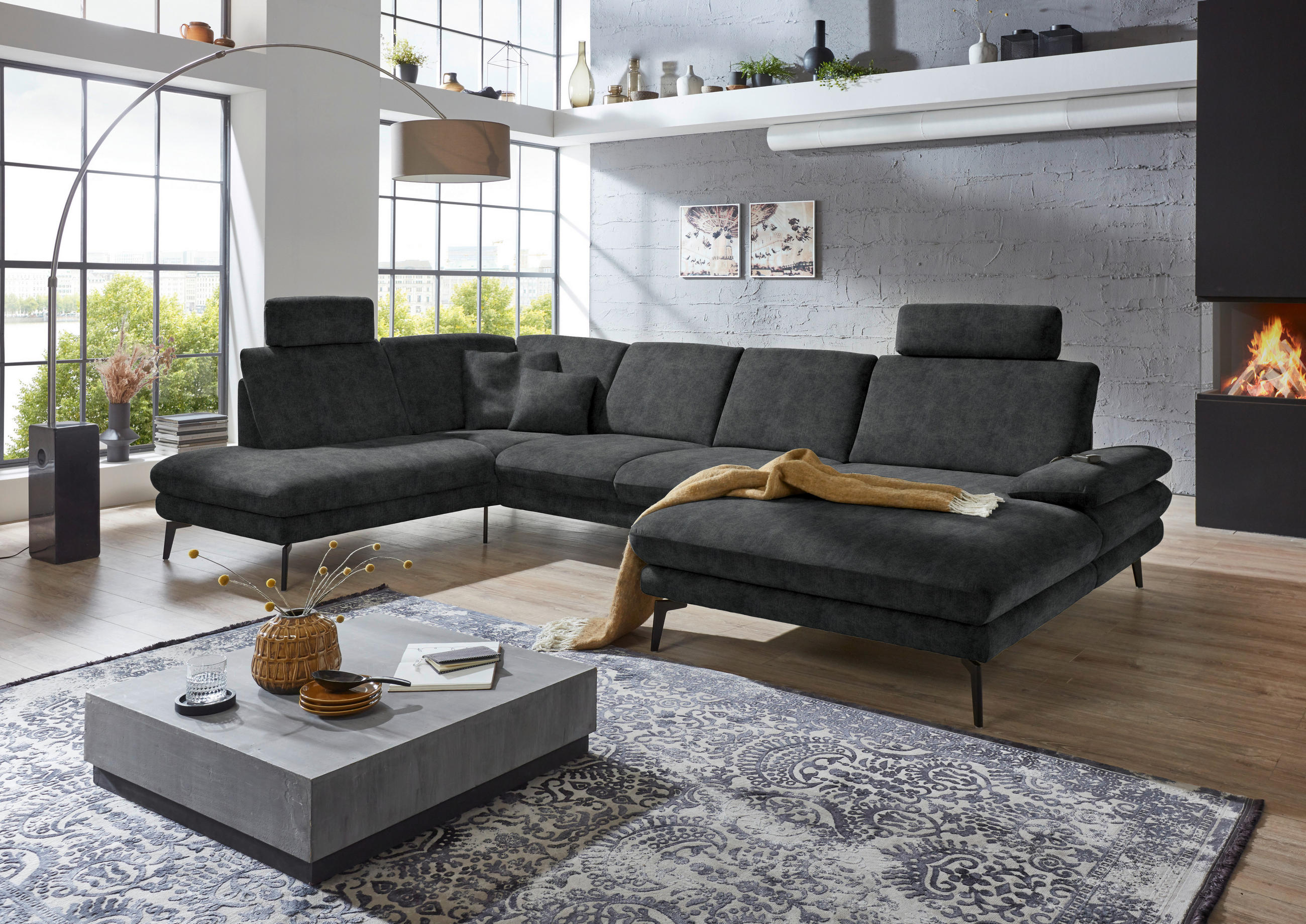 WOHNLANDSCHAFT in Velours Anthrazit  - Anthrazit/Schwarz, Design, Textil/Metall (208/344/180cm) - Dieter Knoll