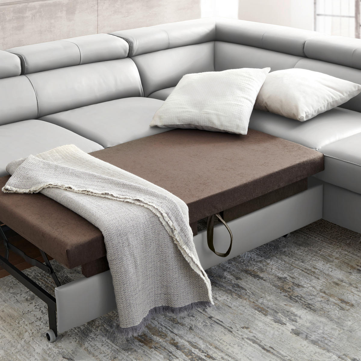 ECKSOFA in Echtleder Hellgrau  - Hellgrau/Schwarz, Design, Leder/Metall (256/220cm) - Celina Home