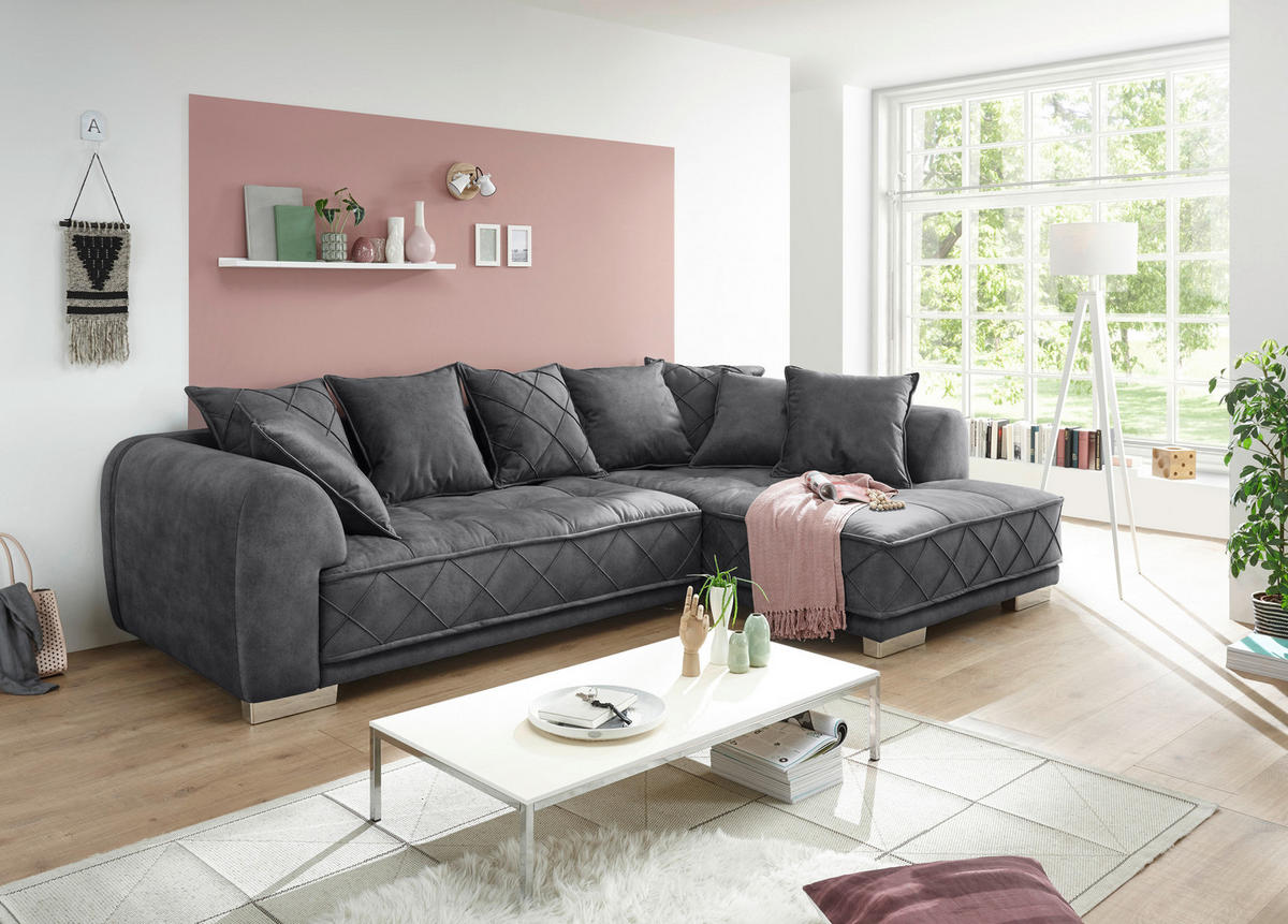 ECKSOFA Anthrazit Mikrovelours  - Anthrazit/Silberfarben, Basics, Kunststoff/Textil (319/194cm) - MID.YOU