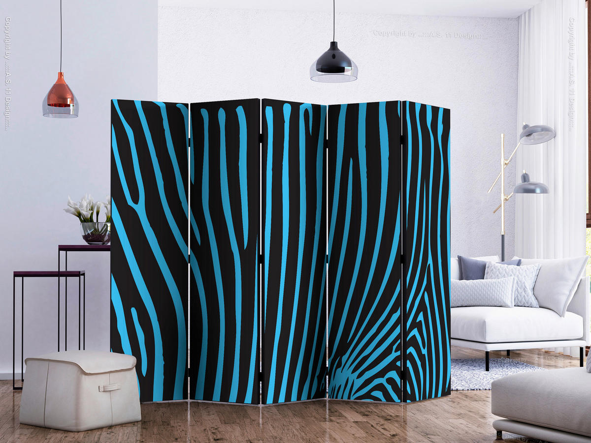 Paravent doppeltseitig mit 5  Flügel - Blau/Schwarz, Basics, Holz/Textil (225/172/3cm) - artgeist