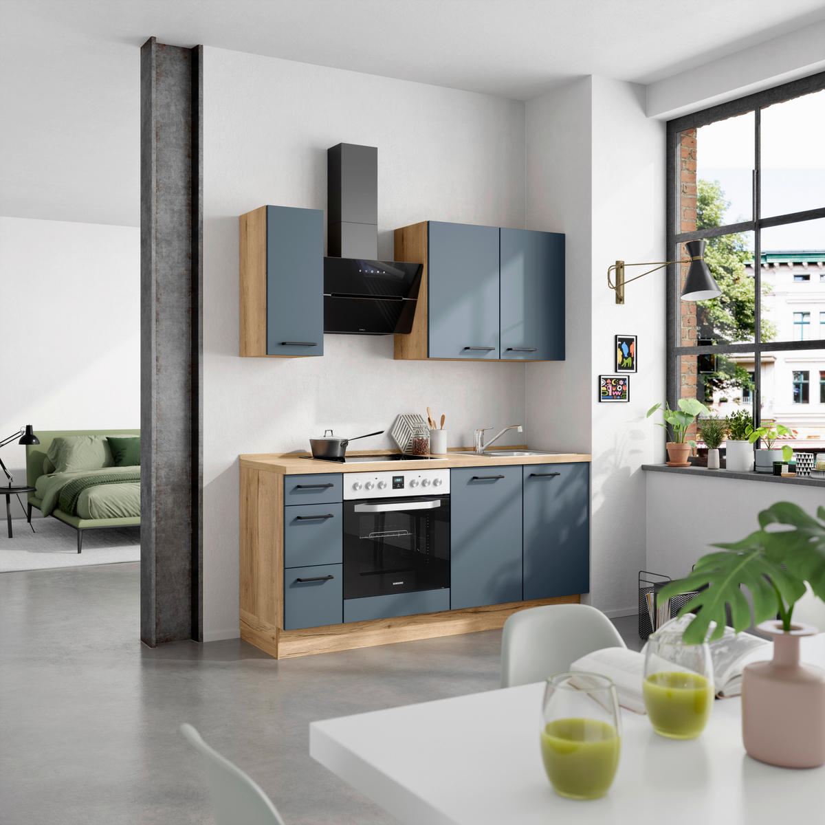 KÜCHENBLOCK Easytouch 180 cm  in Eichefarben, Dunkelblau  - Eichefarben/Schwarz, MODERN, Holzwerkstoff/Metall (180cm) - Nobilia