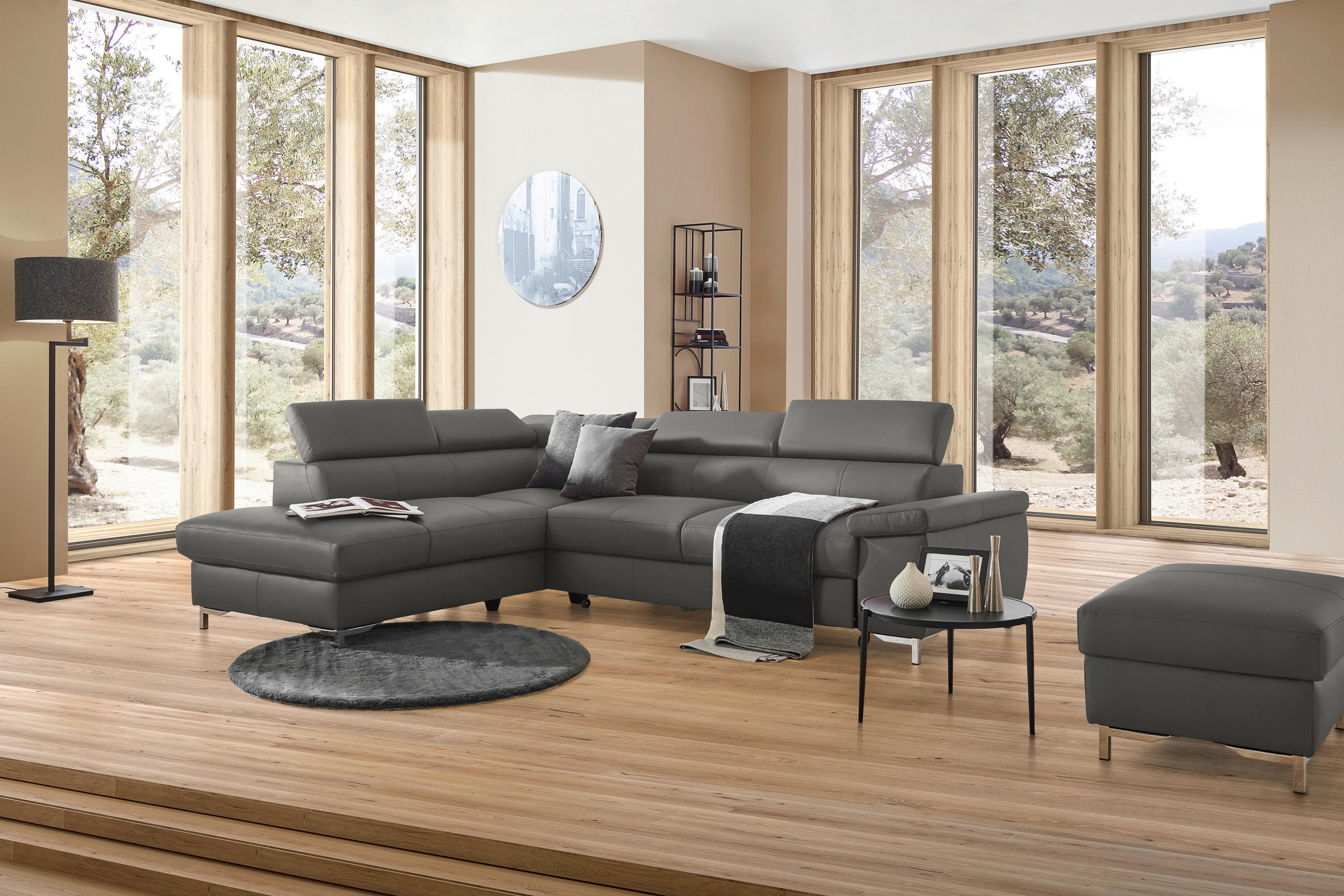 ECKSOFA in Echtleder Anthrazit  - Chromfarben/Anthrazit, Design, Leder/Metall (213/268cm) - Stylife