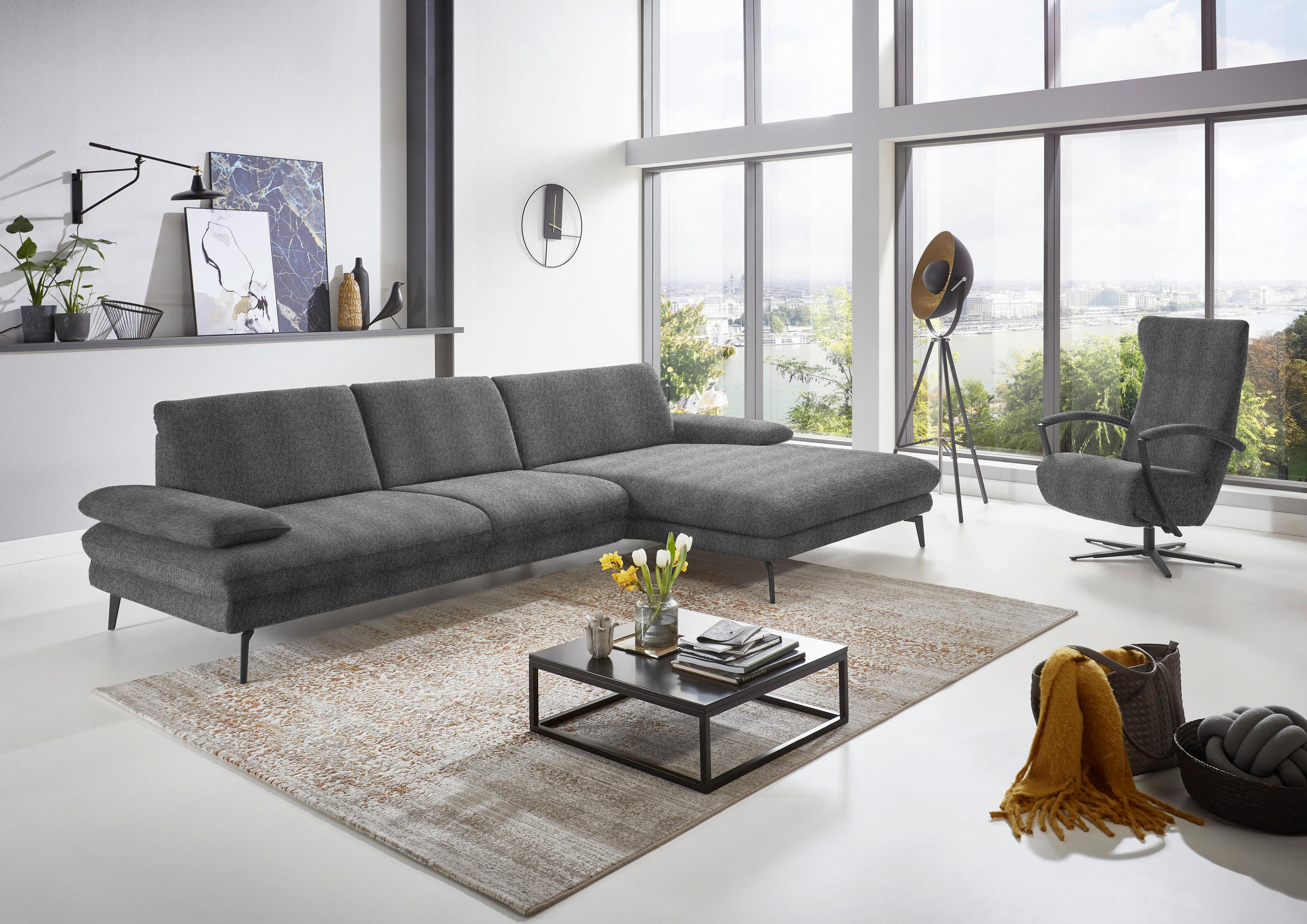 ECKSOFA in Chenille Grau  - Schwarz/Grau, Design, Textil/Metall (310/180cm) - Dieter Knoll