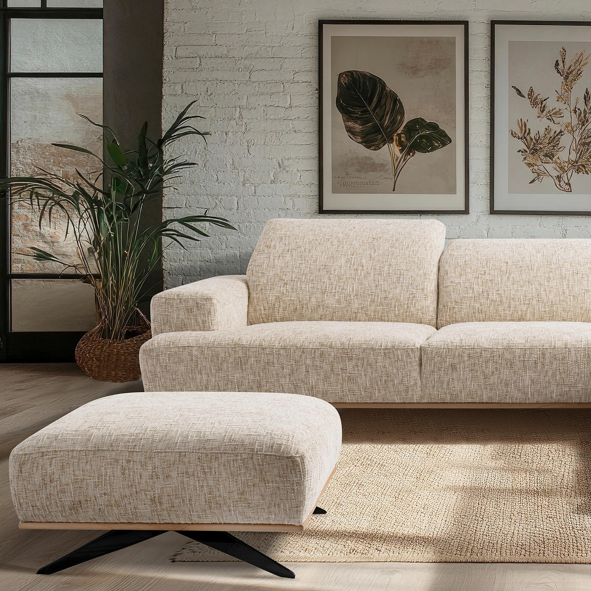 HOCKER in Textil Beige  - Beige/Schwarz, Design, Holz/Textil (95/46/80cm) - Livetastic