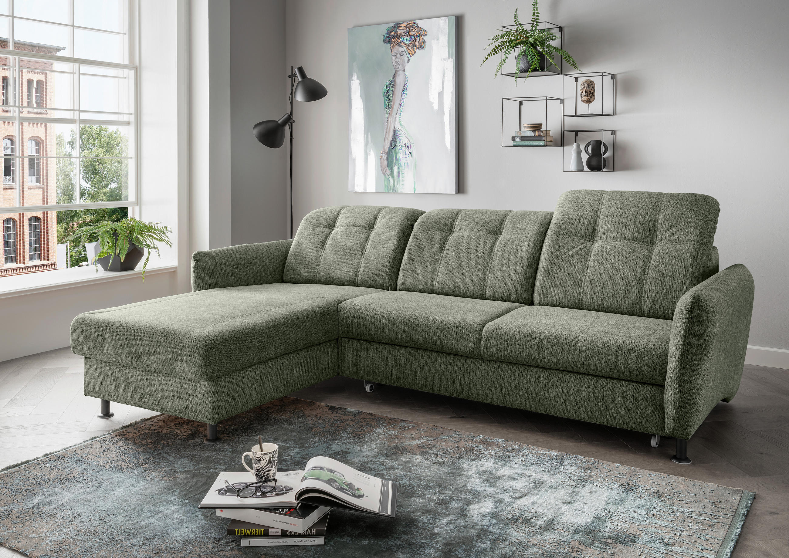 ECKSOFA in Chenille Grün  - Schwarz/Grün, Modern, Textil/Metall (184/267cm) - Livetastic