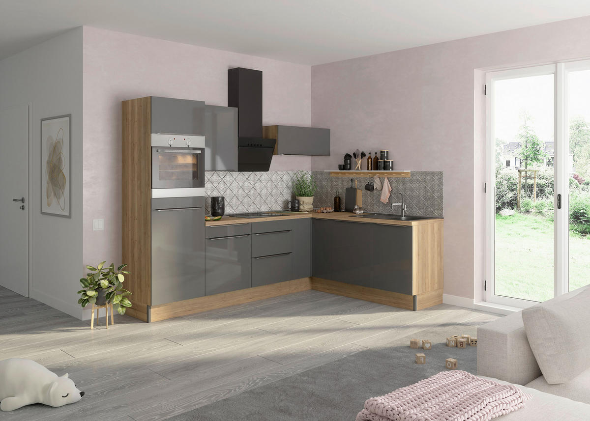 ECKKÜCHE 270/200 cm  in Anthrazit, Eichefarben  - Edelstahlfarben/Eichefarben, Basics, Holzwerkstoff/Metall (270/200cm) - Optifit