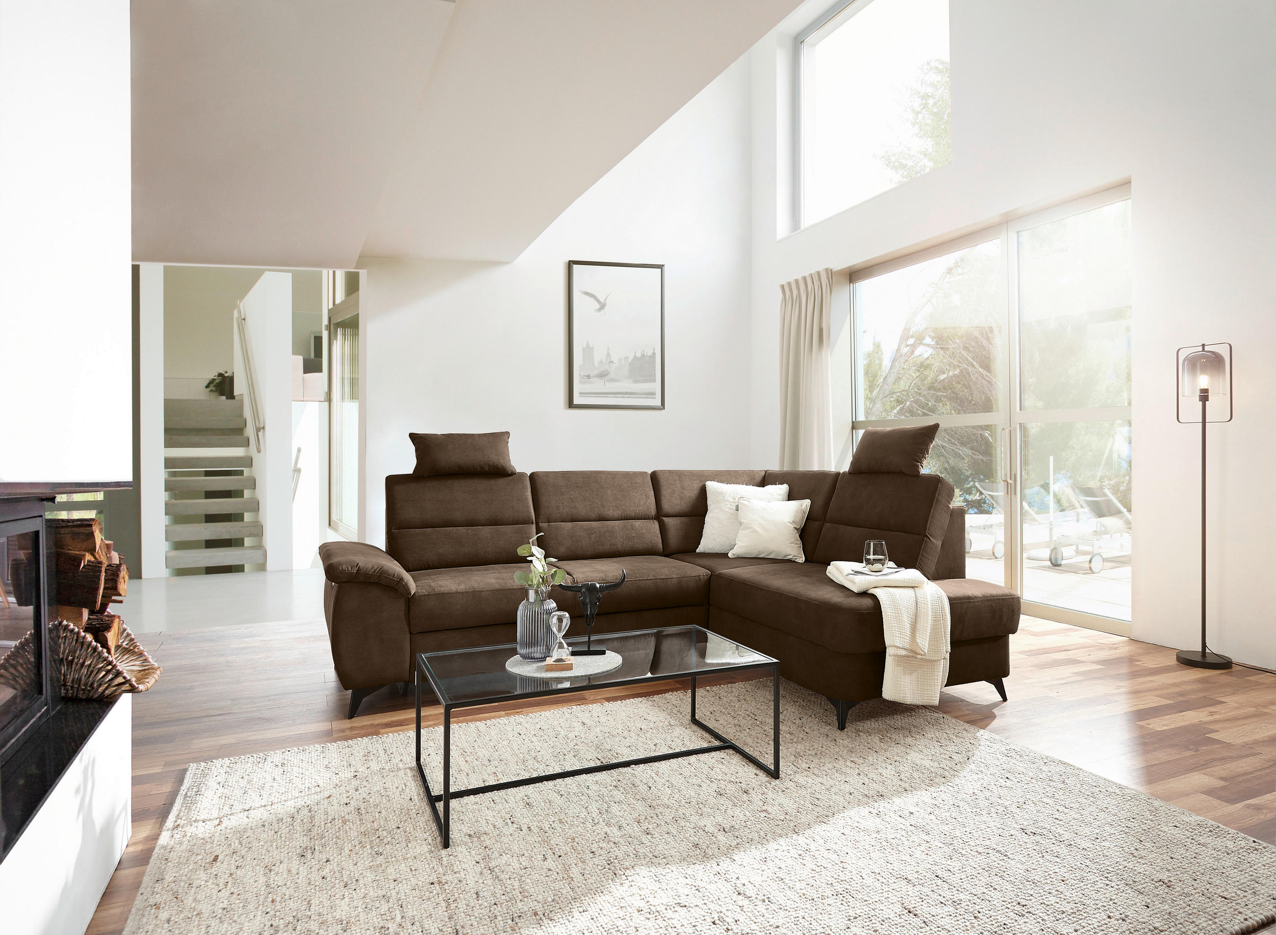 Wohnlandschaft inkl.Funktionen Braun Lederlook - Schwarz/Braun, KONVENTIONELL, Textil/Metall (257/194cm) - Cantus