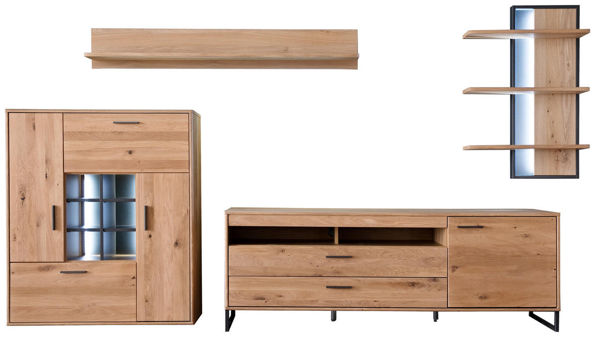 HYLLKOMBINATION  i ekfärgad  338/204/50 cm  - svart/ekfärgad, Design, metall/trämaterial (338/204/50cm) - Livetastic