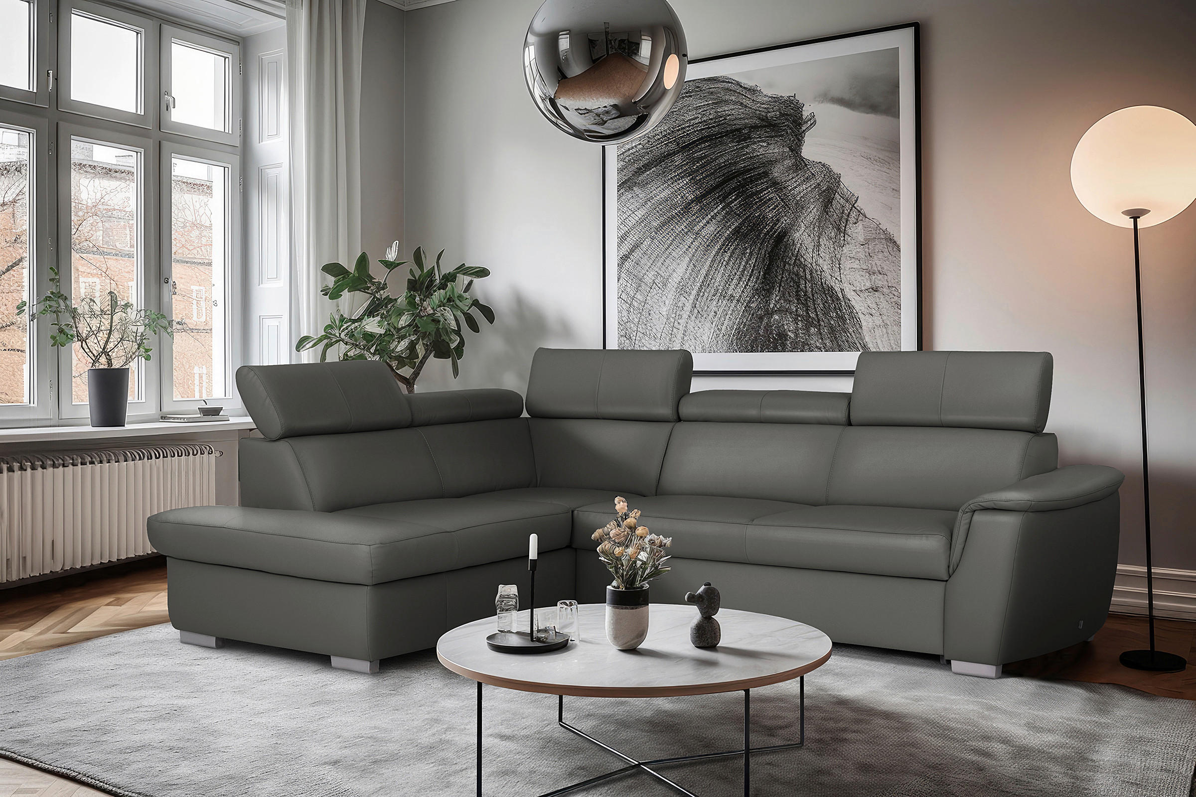 WOHNLANDSCHAFT  in Kombination Echtleder/Lederlook Anthrazit  - Anthrazit, Leder/Metall (211/262cm) - Celina Home