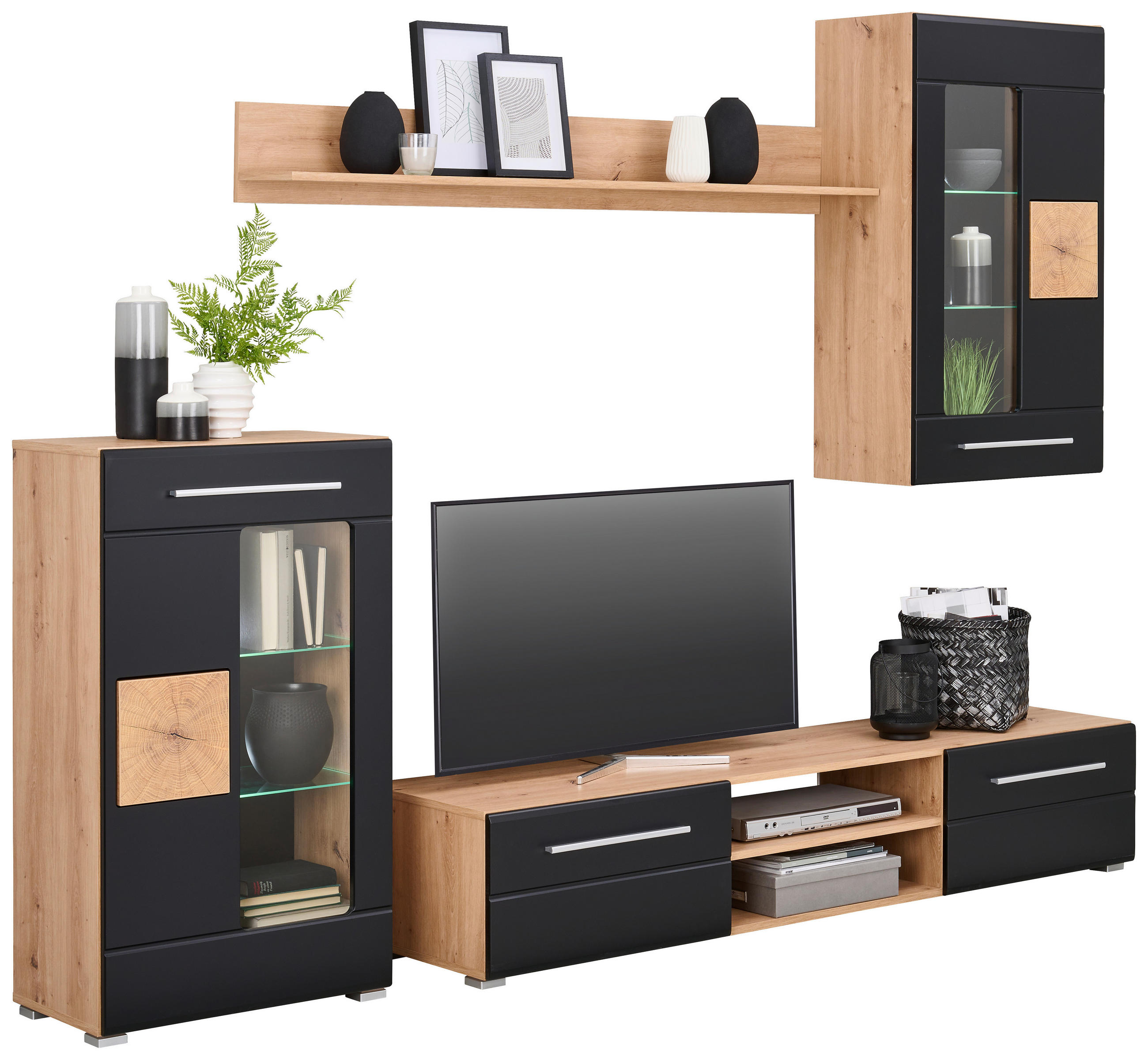 WOHNWAND 240/190/43 cm in Schwarz, Eiche Artisan - Silberfarben/Schwarz, Design, Glas/Holzwerkstoff (240/190/43cm) - Ti'me